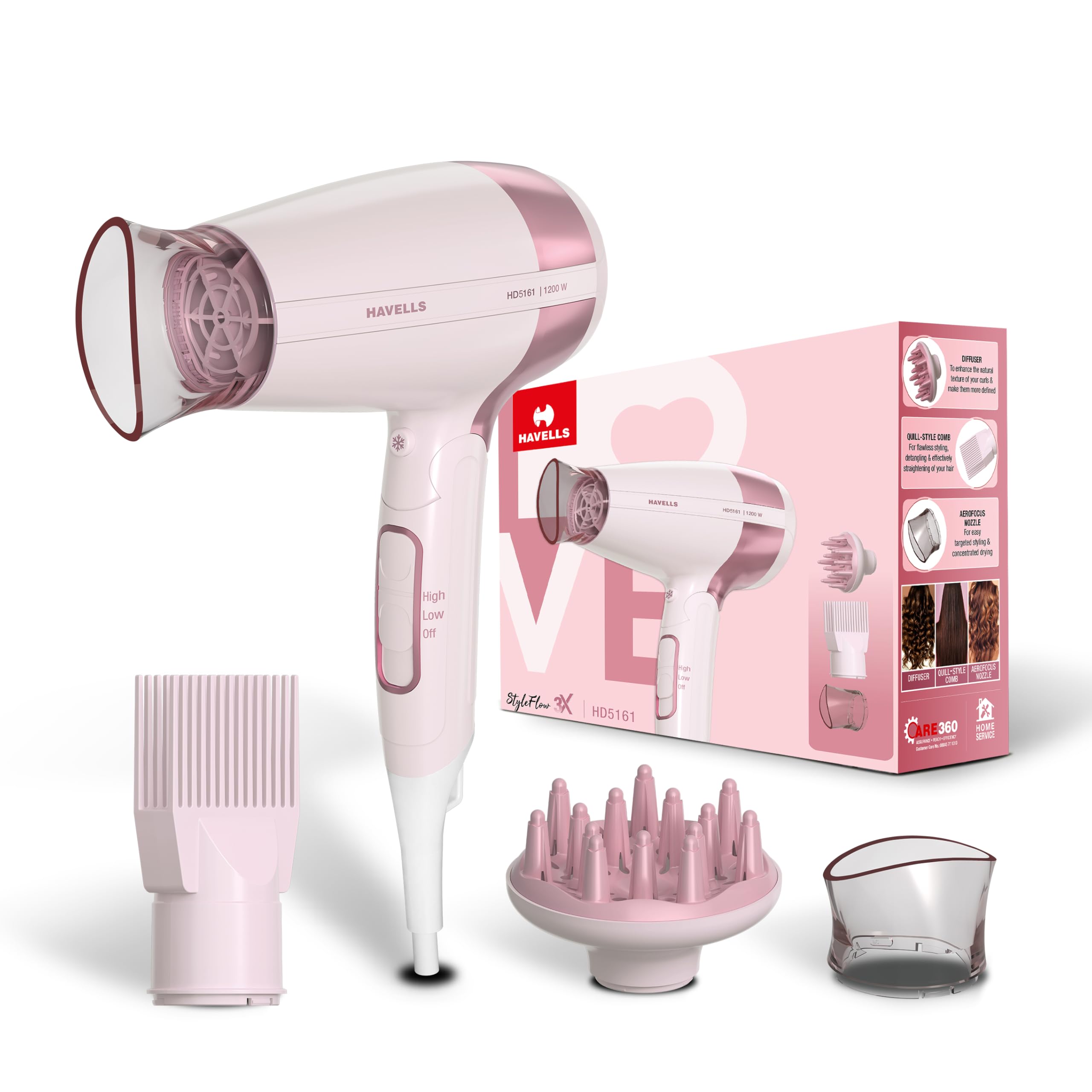 Havells Styling Hair Dryer|3 Detachable Attachments|Diffuser, Quill-Style Comb & Aerofocus Nozzle|3 Temperature/ 2 Speed Settings| Cool Shot | 2 Year Guarantee| HD5161-picture-32