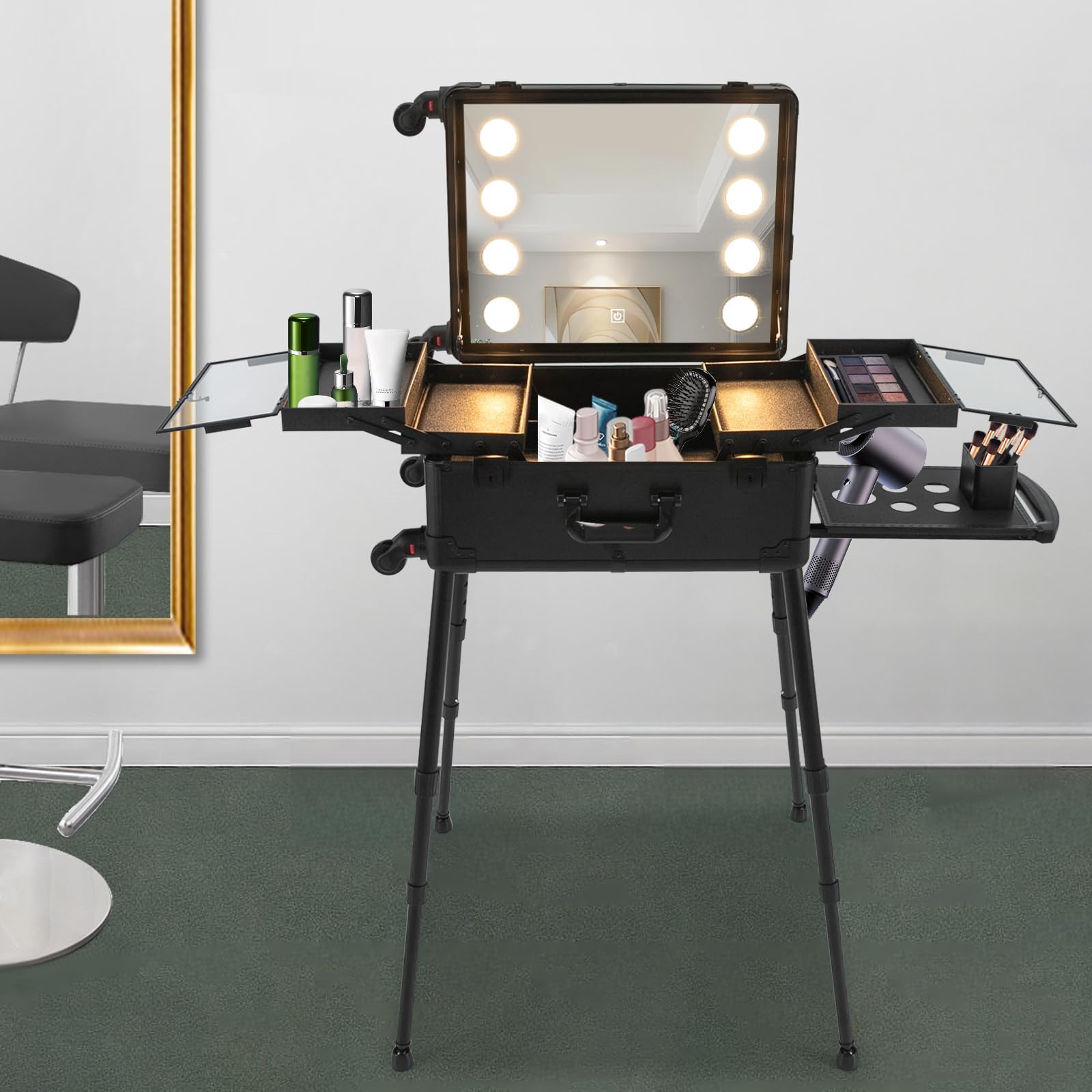 Kosmetikkoffer Mit Spiegel Und LED Licht, Schminkkoffer Damen Rollkoffer, Beautycase Hartschale Mit Rollen, Kosmetikkoffer Groß Mit Teleskopgriff, Beauty Case Für Make Up Und Friseur