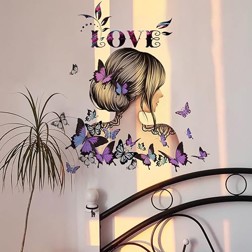 Miniatura 113 de Adhesivo decorativo para pared, diseño de luna morada, flores, mariposa, nubes, para decoración de dormitorio, sala de estar