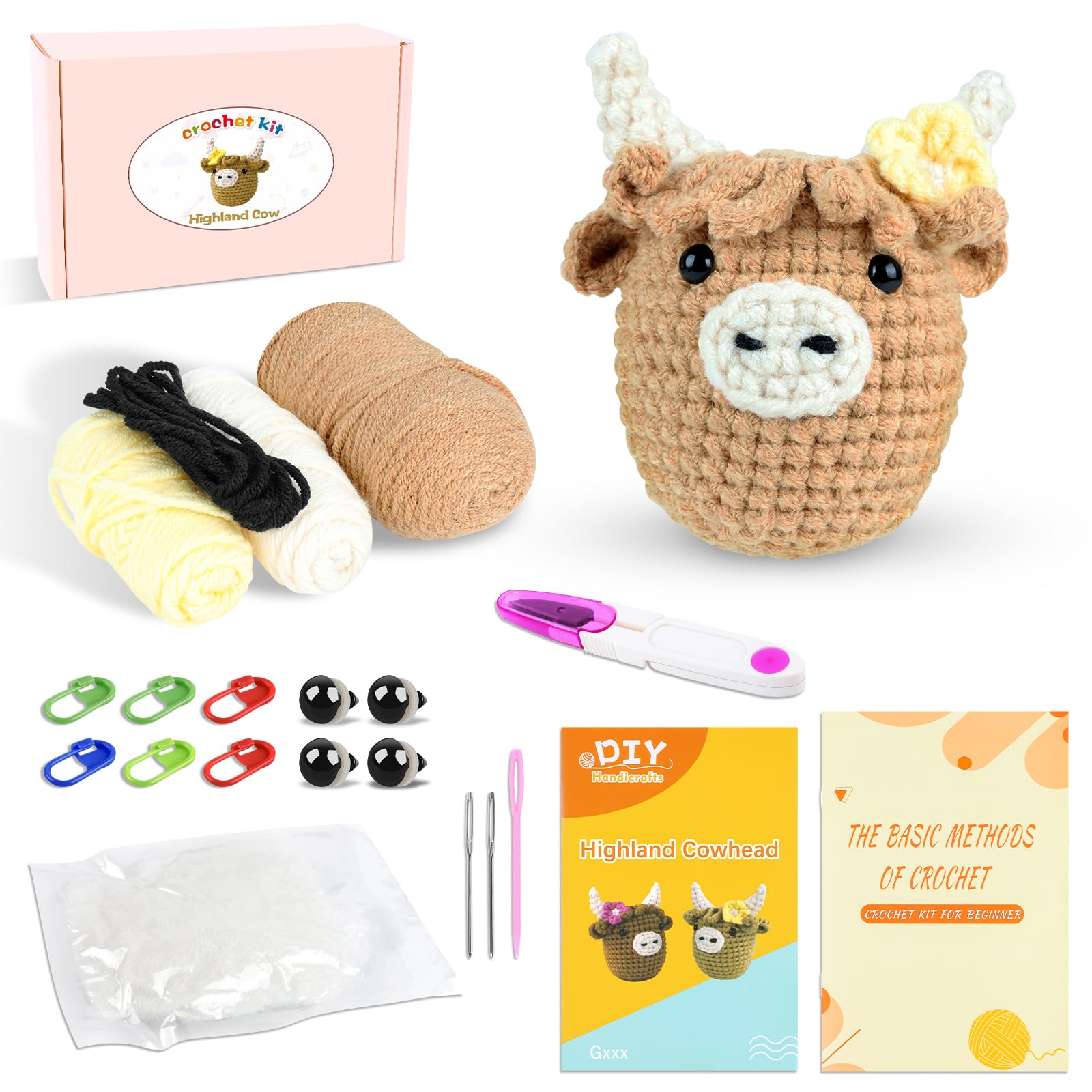 iuqiepo Beginners Crochet Kit, Animal Crochet Kit, Crochet Kit for Beginners, Step-by-Step Video Tutorial, Crochet Kits for Beginners Adults, Crochet Kits - DIY Gift Highland Cow