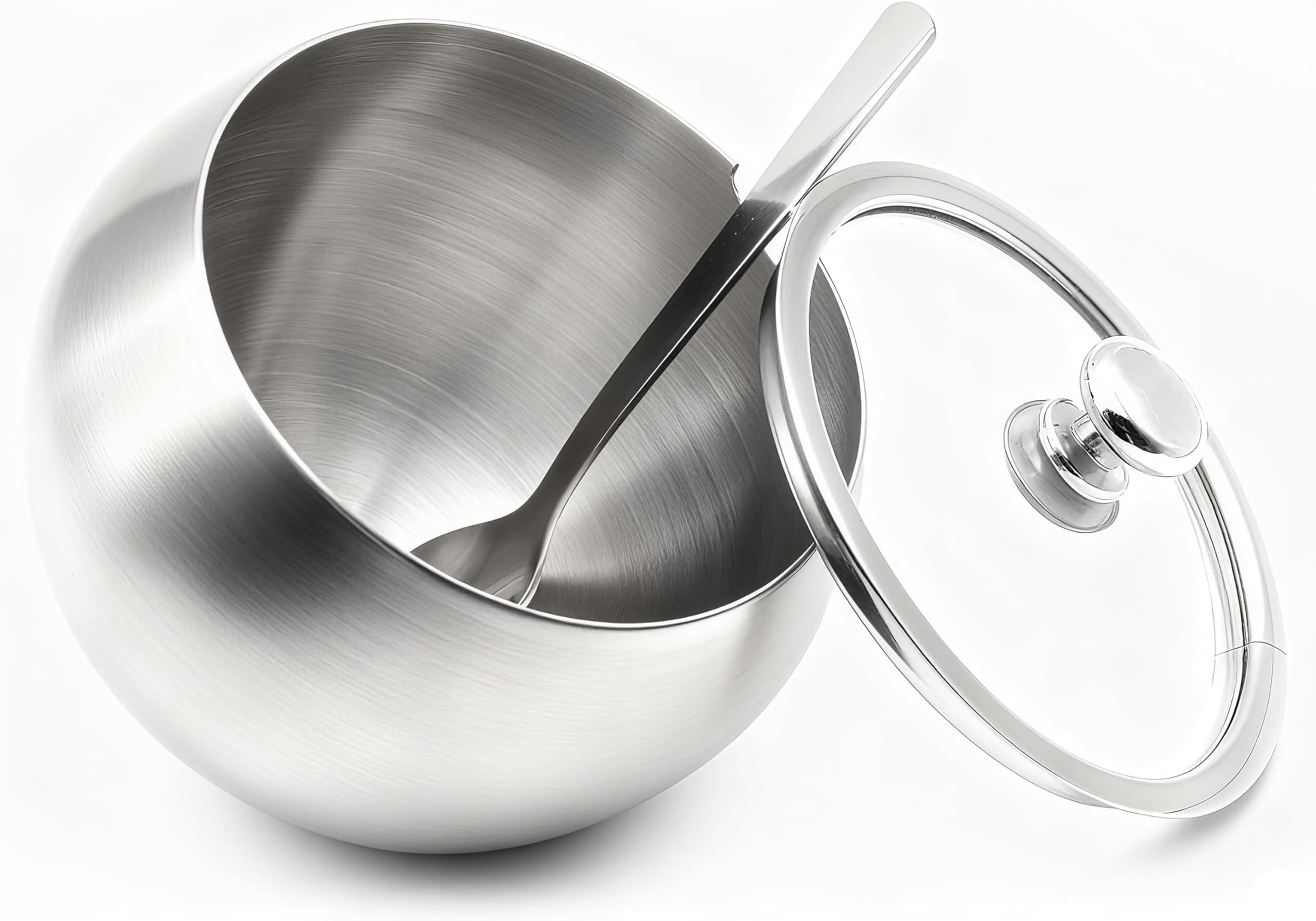 Stainless Steel Sugar Bowl, Small Sugar Bowl with Glass Oblique Opening Lid and Sugar Spoon for Home, Kitchen, Hotel and Cafes, 300 ML (10.5 OZ/ 1.25 Cup)