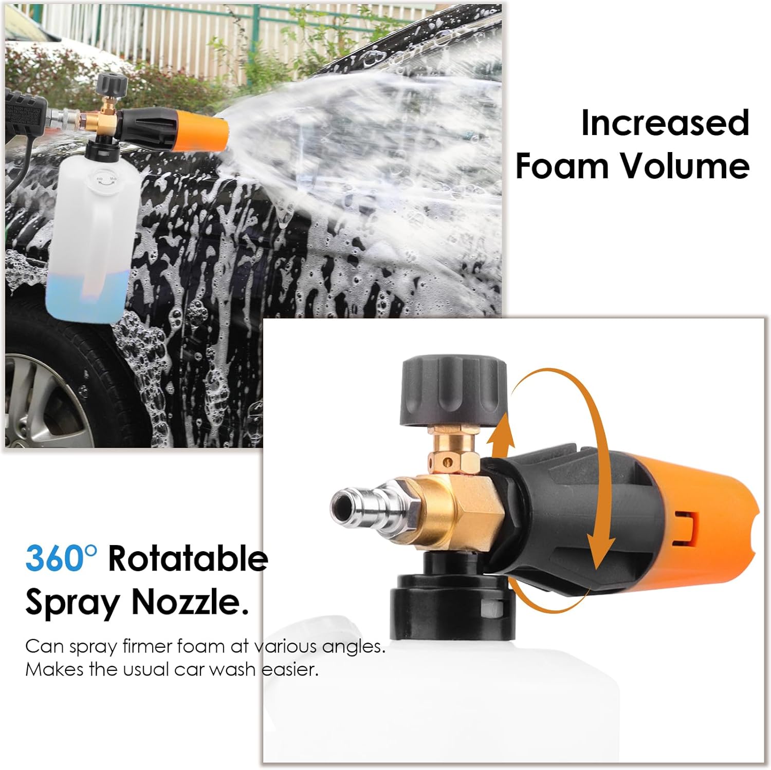 Foam Cannon, 1/4 Quick Connector Foam Cannon for Pressure Washer, Pressure Washer Foam Cannon with Adjustable Nozzle & 1L Foam Cannon Bottle, Soap Cannon for Pressure Washer with Handle