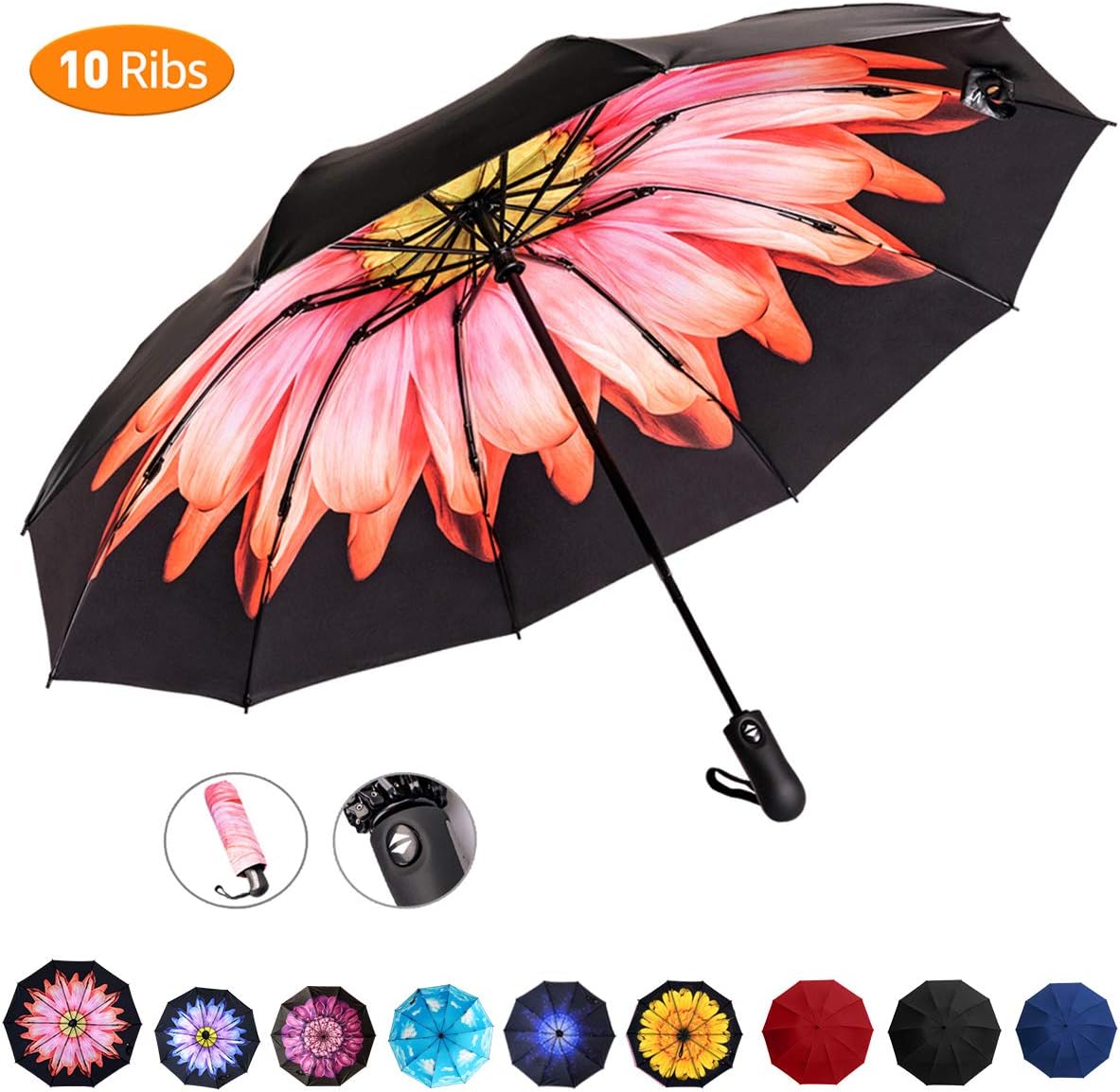 Reverse Folding Compact Travel Umbrellas for Women, Inverted Inside Out Sun Rain Woman Umbrella, Automatic Open Close, 10 Ribs-Red Flower