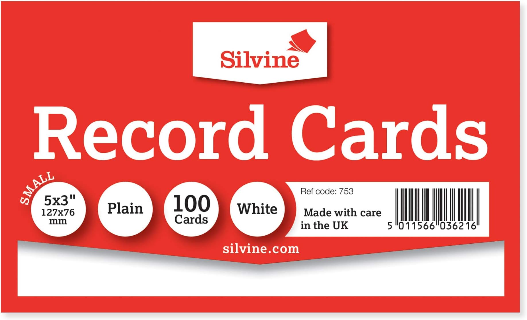 Silvine 5x3 White Record Cards - Plain, 100 Cards Per Pack. Ref 753 (127 x 76mm)