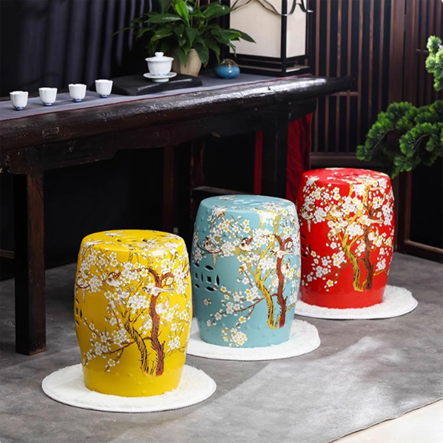 Ceramic Stool, Ceramic Garden Stool, Chinese Drum Stool, Ceramic Decorative Garden Stool, Glazed Hand-Painted Stool, Garden Decorations for Patio, Terrace, Porch, Backyard J