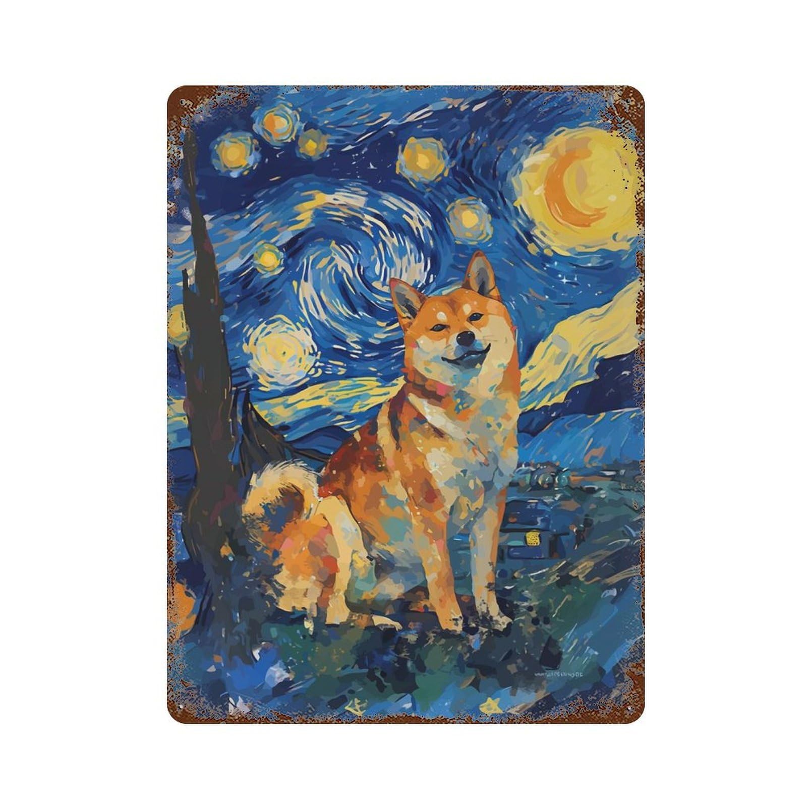 Starry Night Shiba Inu Aged Metal Wall Plaque 15.7"x11.8", Old School Wall Decor for Garage, Pub Or Kitchen