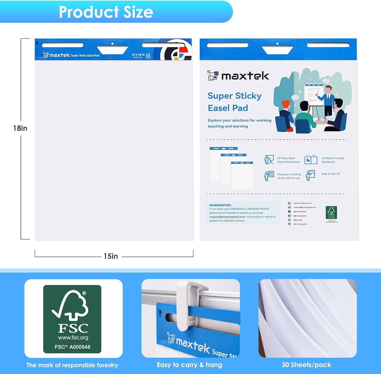 maxtek Chart Paper 15"x18", Large Sticky Easel Pad with 8 Packs, 240 Sheets, Upgraded Big Anchor Flip Chart Paper with Super Sticky Back, Self-Stick Paper for Walls & Easels