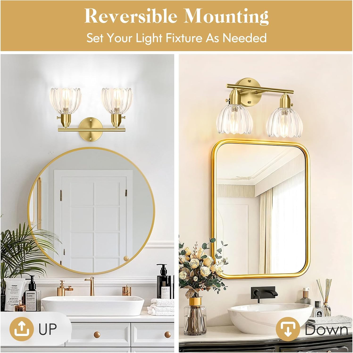 Bathroom Light Fixtures, 2-Light Gold Vanity Light for Bathroom with Clear Tulip Glass Shade, Vintage Brass Wall Lighting Fixture Over Mirror, Vanity Wall Lamp for Bedroom Living Room Hallway