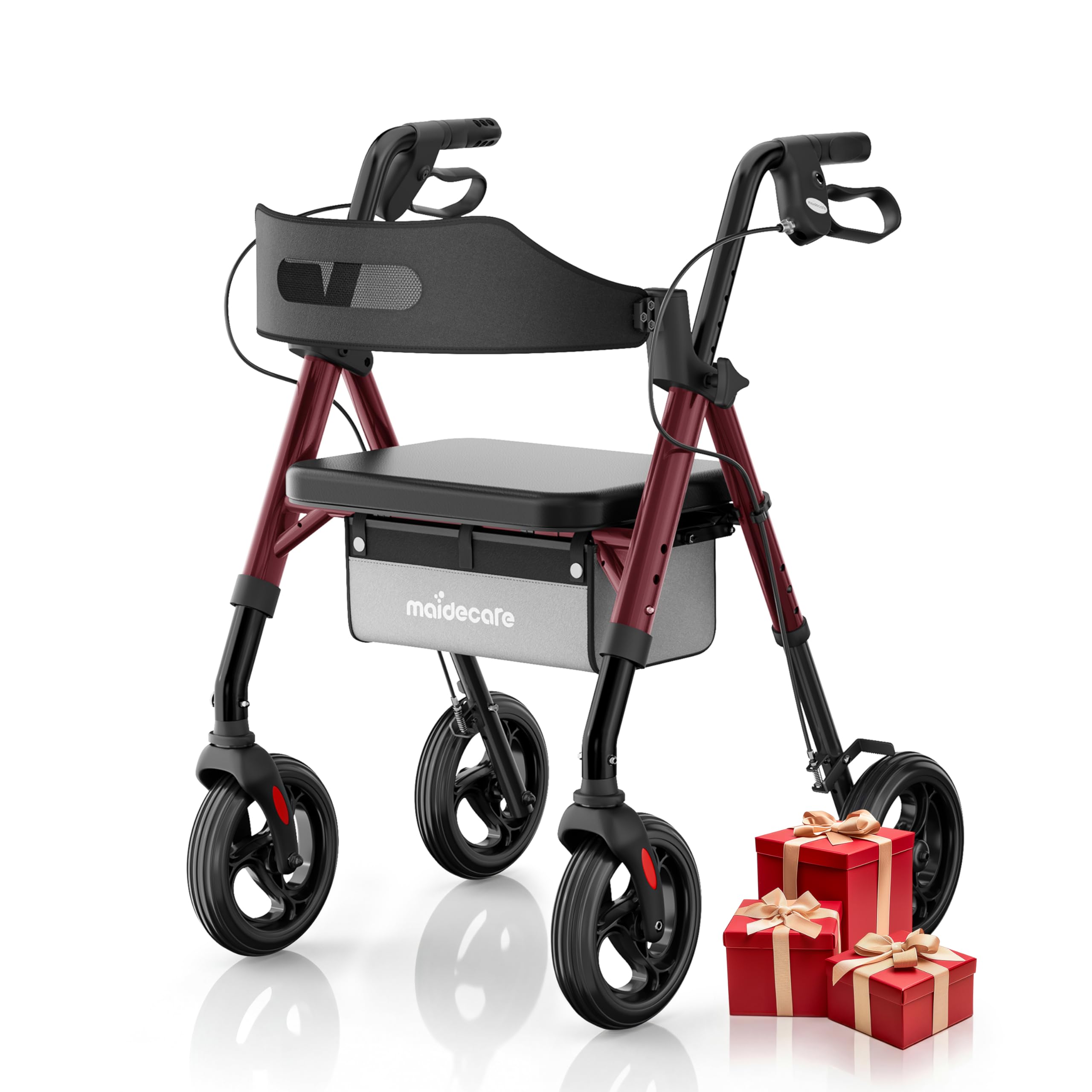 Andador para Ancianos con Asiento Plegable, Manillar y Asiento Regulables en Altura, Caminadores para Mayores, Ayuda para Caminar Ligera con Freno, Ruedas 8" Todoterreno, Rojo Oscuro