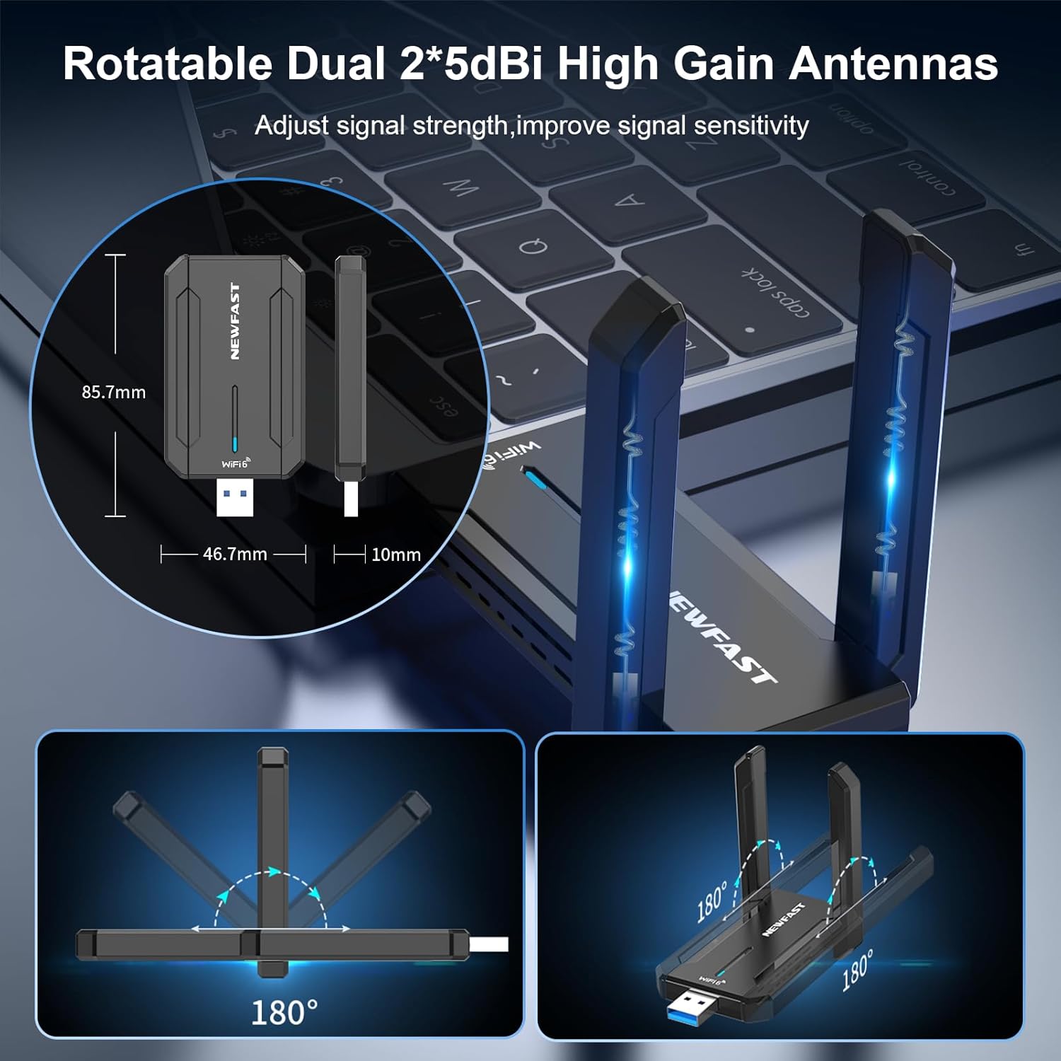 Diagram showing rotatable dual antennas and adapter dimensions