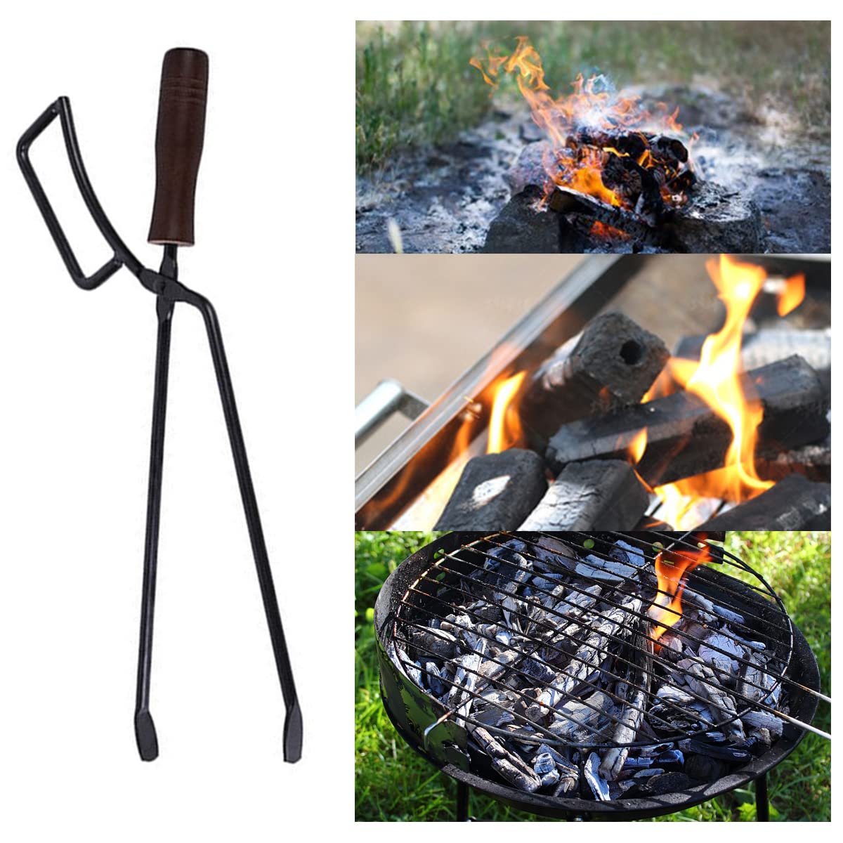 Kaminzange, 40cm Schwerlast Kaminholzzange Feuerholzzange kaminzubehör Kaminbesteck Anti-Verbrühung Lange Brennholzzange Kaminzange Feuerholzzange für Lagerfeuer und Kaminöfen mit Paar Handschuhe
