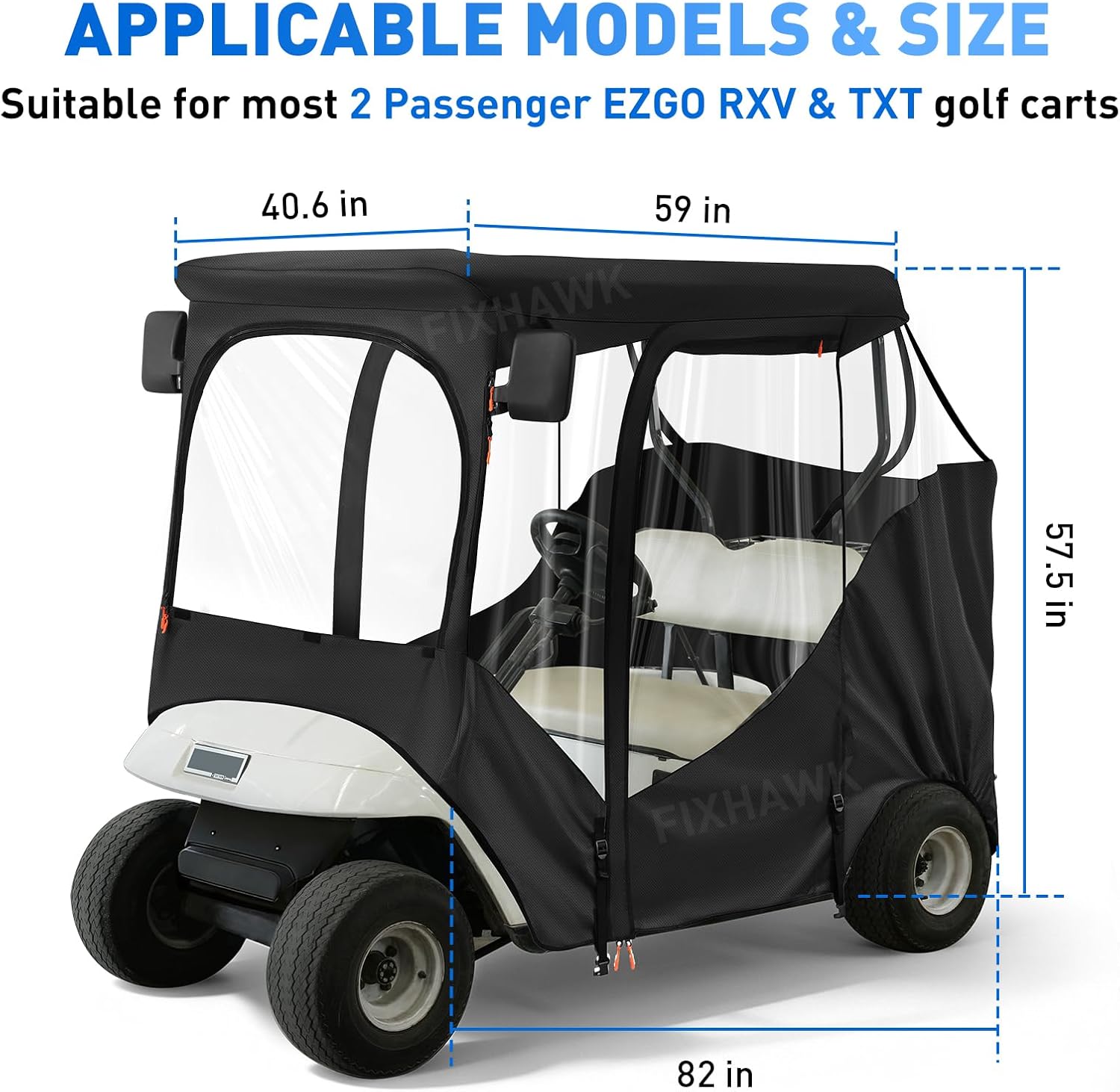 2 Passenger EZGO Driving Enclosure, Upgraded Golf Cart Enclosure Fit for EZGO TXT & RXV Model- 59" Roof, 600D Waterproof Golf Cart Rain Cover with 2 Zipper Doors & 4 Sides Clear View Windows