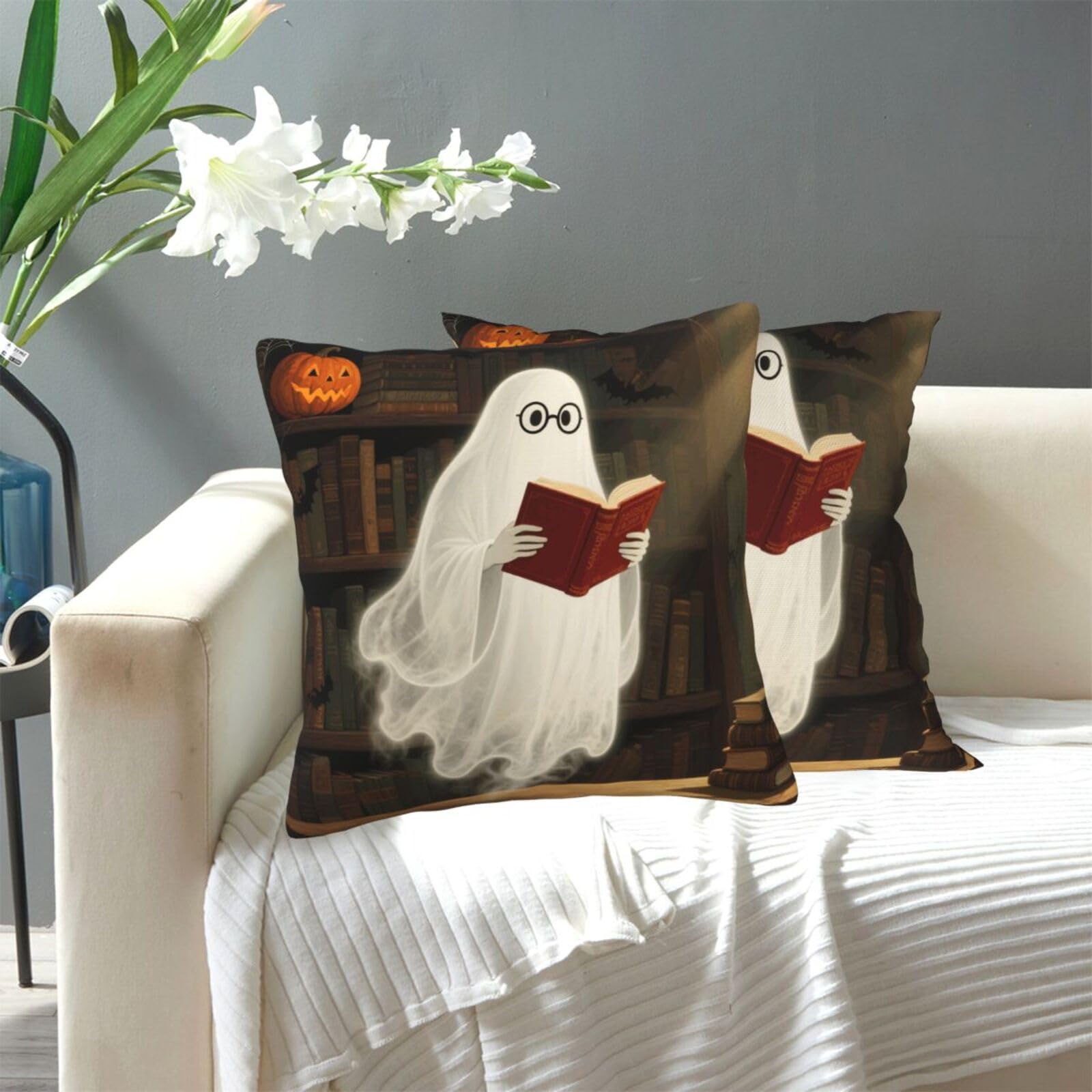 FekiLoot Decorative Throw Pillow Covers Modern Farmhouse Pillowcase Double Sided Cozy Cushion Cover for Sofa Couch Bed 18"X18" Halloween Spooky Ghost Reading Books