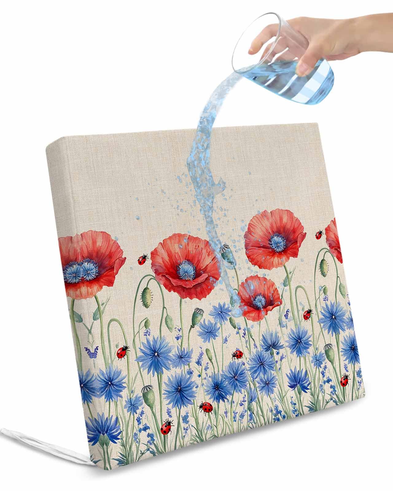 2 Pack Poppy Flowers Waterproof Cushion Covers with Ties, Outdoor Patio Chaise Lounge Chair Seat Cushion Slip Covers Replacement(Only Cover) Red Bluel Independence Day Farmhouse 22