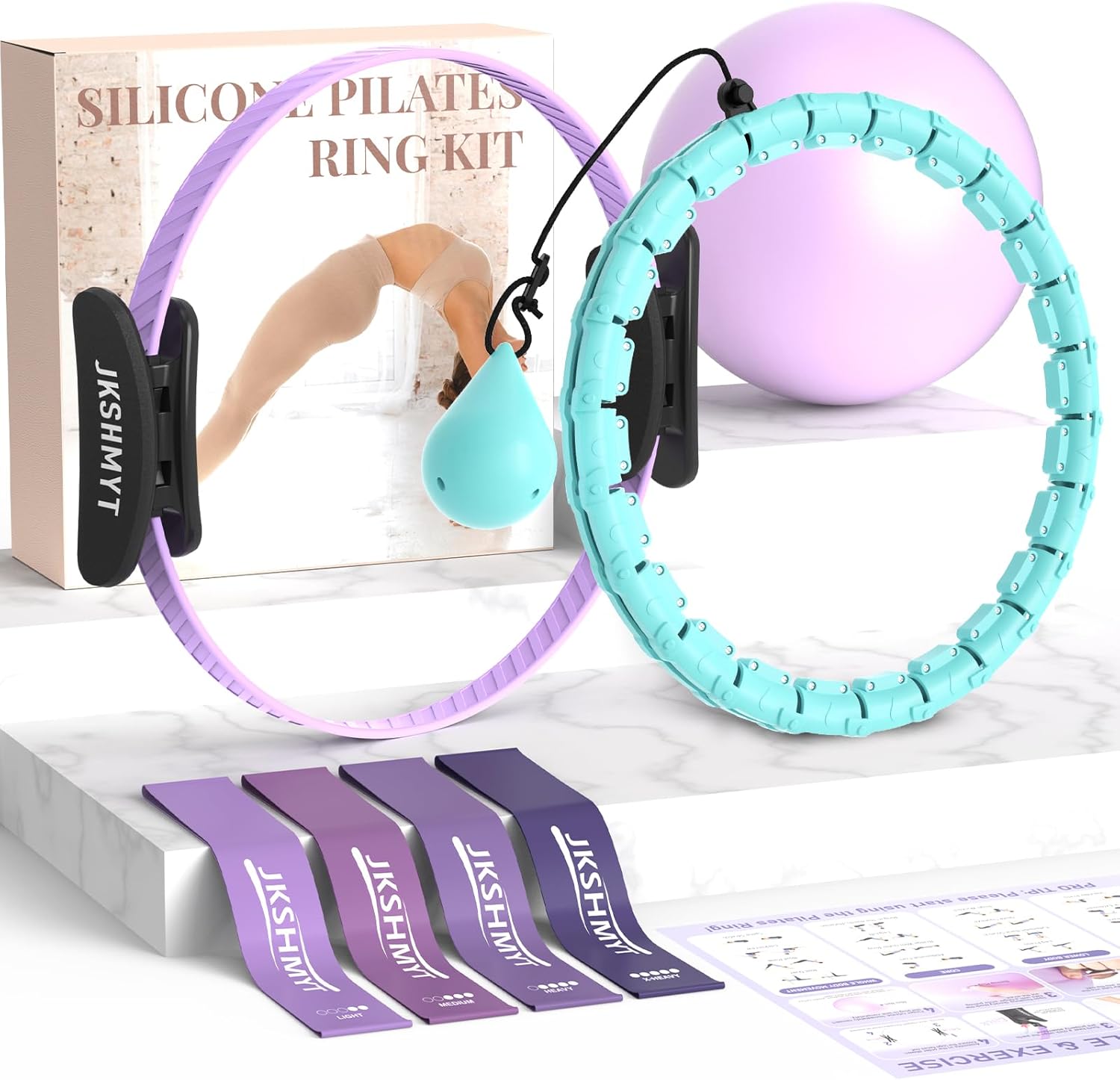 Weighted Hula Infinity Hoop & Pilates Ring Kit Bundle- Infinity Fitness Hoop for Weight Loss Plus Magic Circle, Resistance Bands, and Ball Set- Home Workout Equipment for Abdomen & Full Body Toning