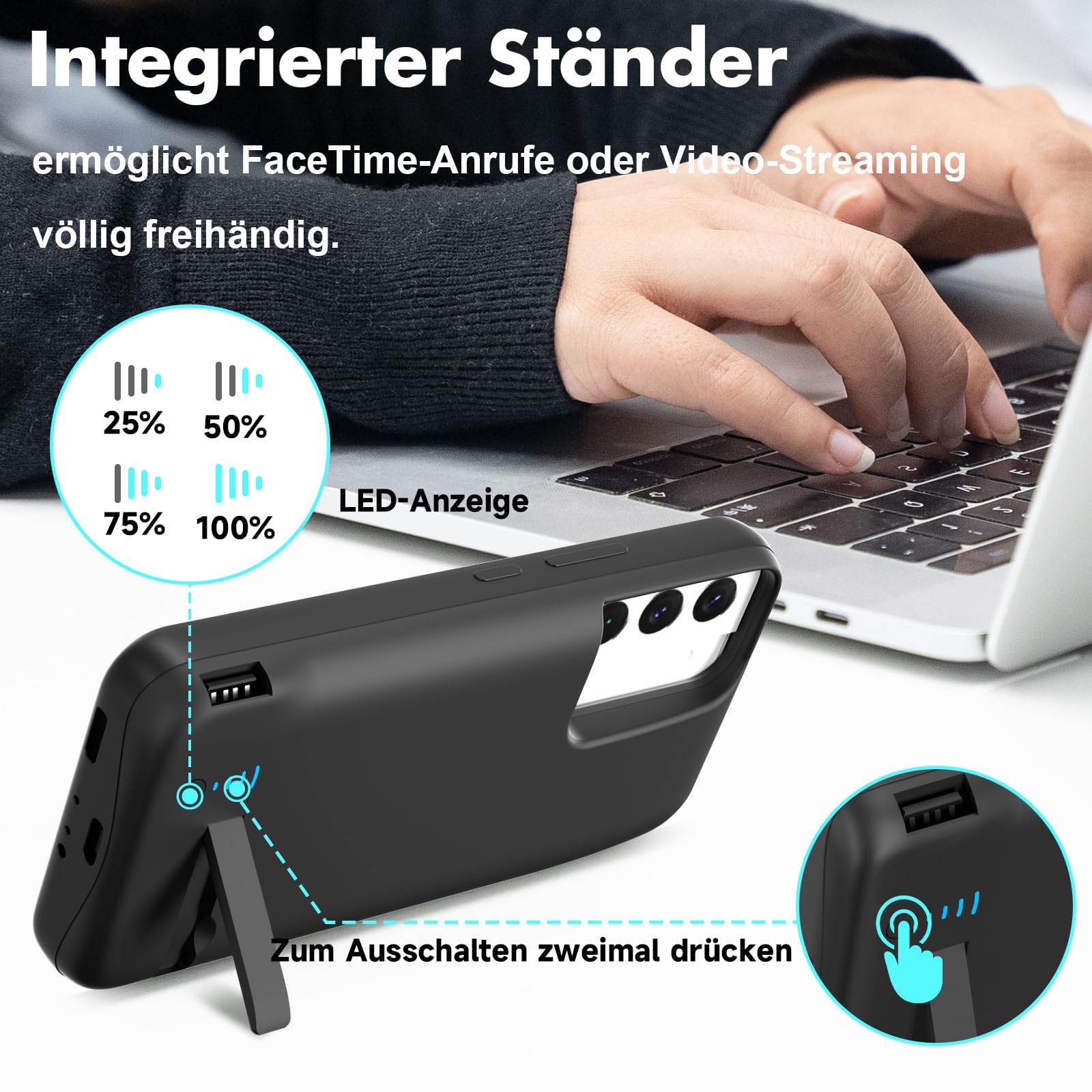 Akkuhülle für Samsung Galaxy S22, 7000 mAh, schlanke wiederaufladbare Ladehülle, erweiterte Ladehülle, Backup-Akkuladegerät, tragbare Powerbank für Samsung Galaxy S22 (6,1 Zoll) – Schwarz