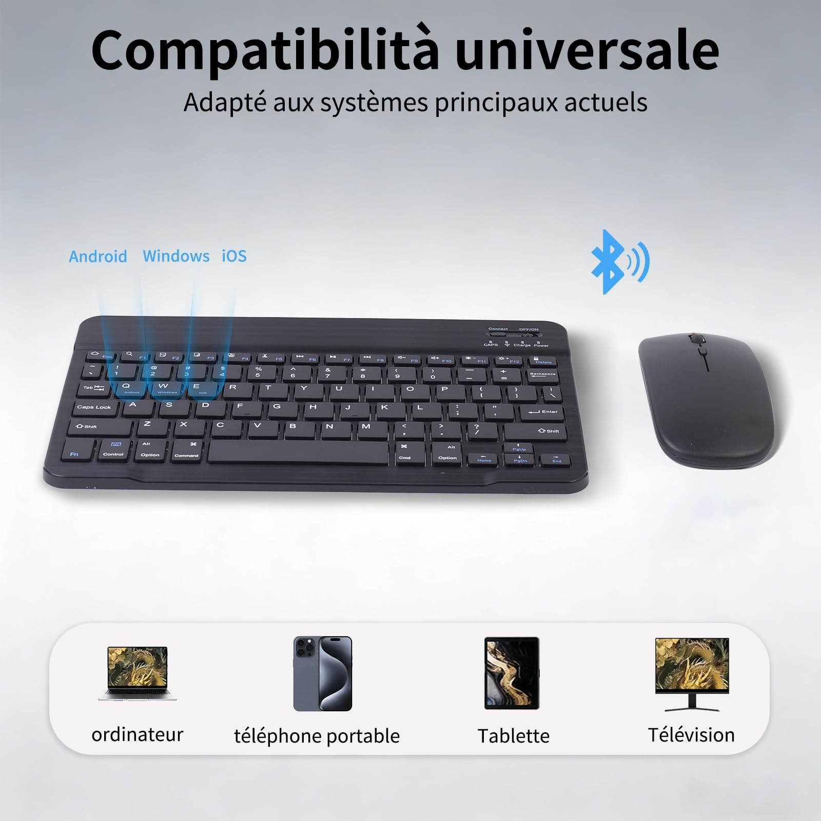 Clavier Souris sans Fil,Wireless Keyboard Mouse Combined, Silent WirelessKeyboard, Rechargeable Ultra-Thin and Portable, Ergonomic Keyboard and Mouse for iOS/iPad/PC/Android/Windows Laptop
