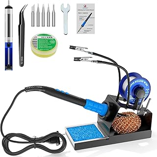 Soldering Iron Kit, 100W High Power LCD Soldering Iron, 2 Helping Hands Soldering, Flux, Iron Tips, Tin Wires, Solder Sucker, Tweezers. °C/℉ Conversion, Auto Sleep，Temperature Calibration