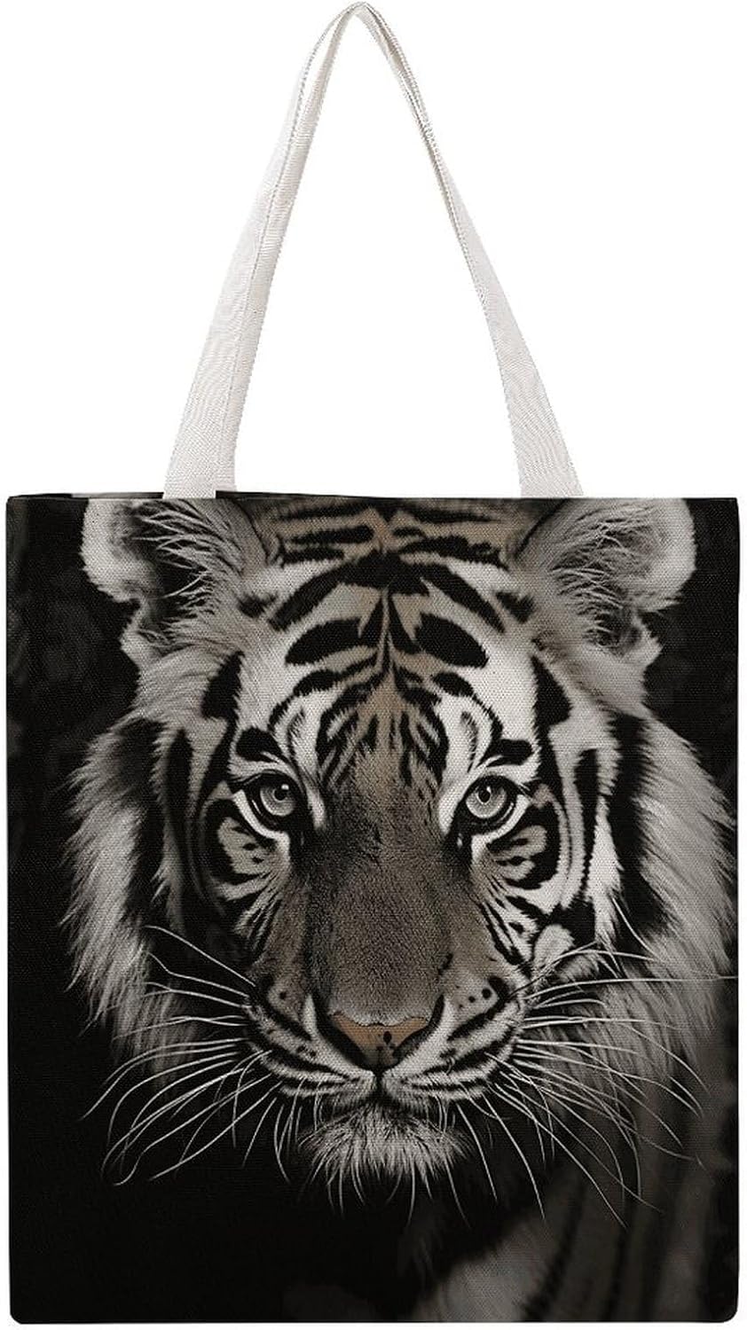 Black And White Tiger Canvas Tote Bag Reusable Grocery Bags Foldable Soft Cotton Shoulder Carry Bag