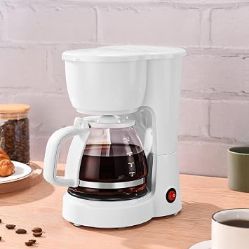 White 5-cup drip coffee maker. Compact coffee brewer for home kitchens and small spaces.