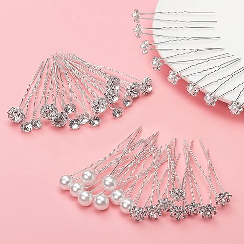 Miniatura 5 de Paquete de 40 horquillas para el pelo de perlas de boda para novia, perlas plateadas con diamantes de imitación, accesorios para decoración de