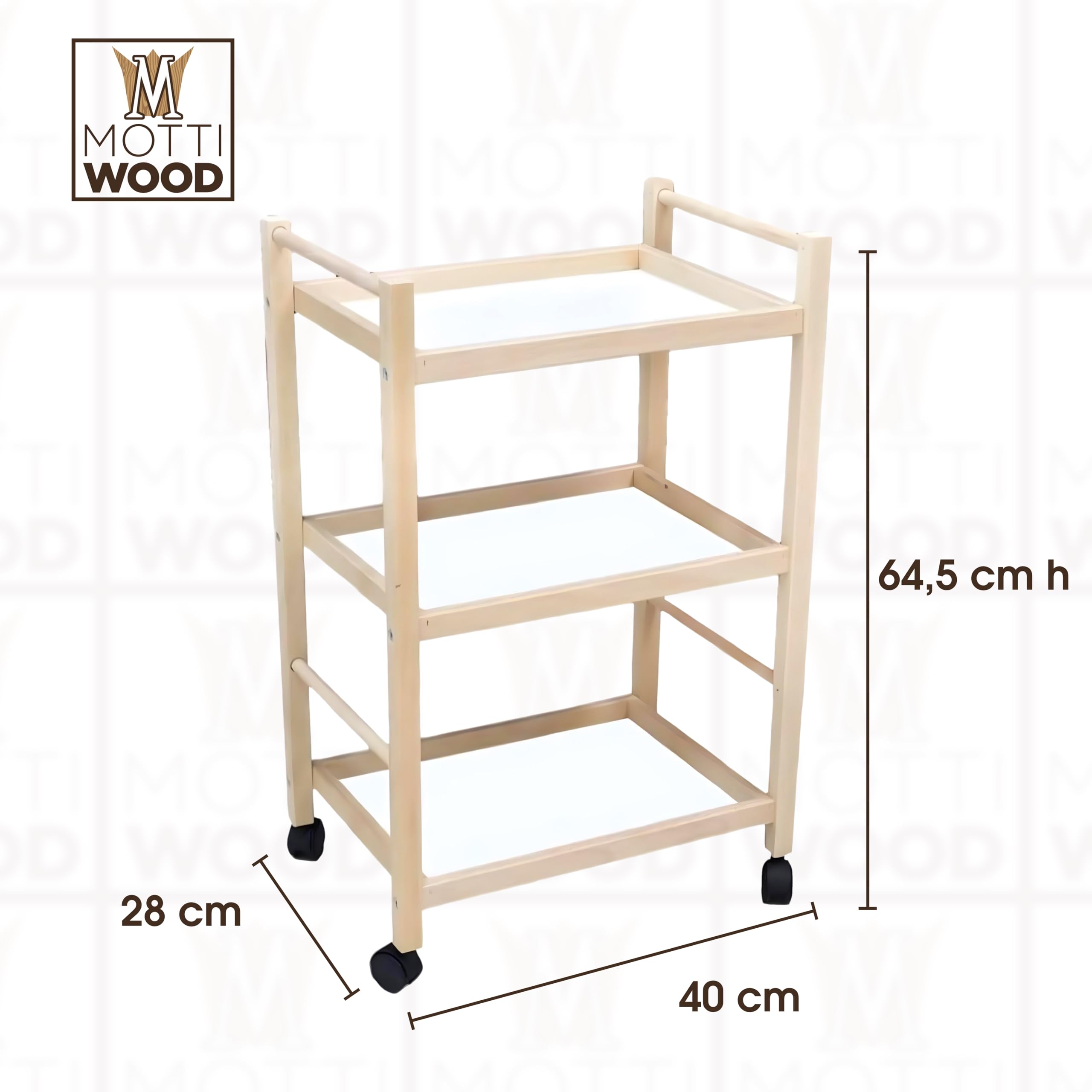 Carrello Multiuso, 3 Ripiani, 100% Legno Faggio, 28x40xh64.5 cm, Con Rotelle