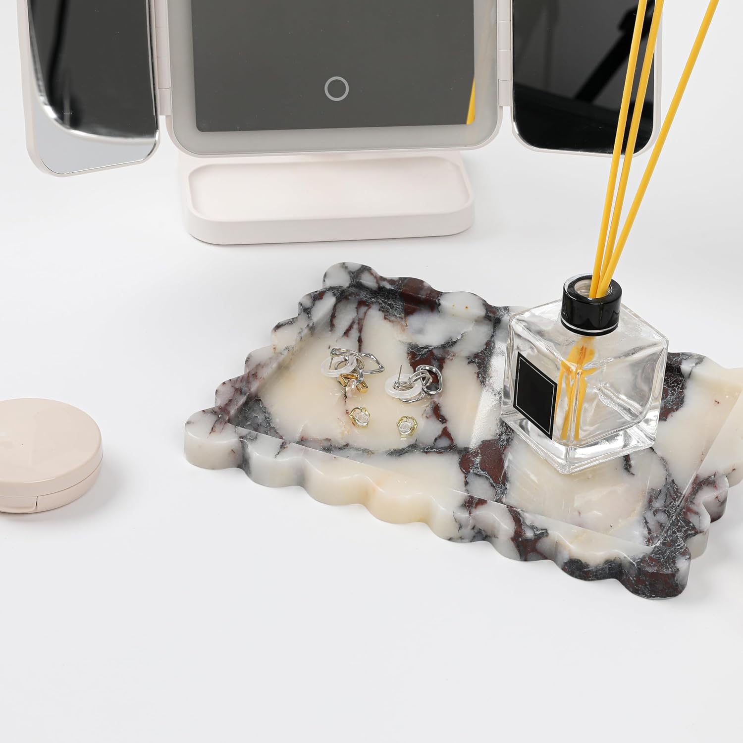 Marble Tray 10.8" x 8", Marble Vanity Tray, Bathroom, Decor for Trinket Perfume Jewelry Candle, White Marble Purple Veins, Scalloped