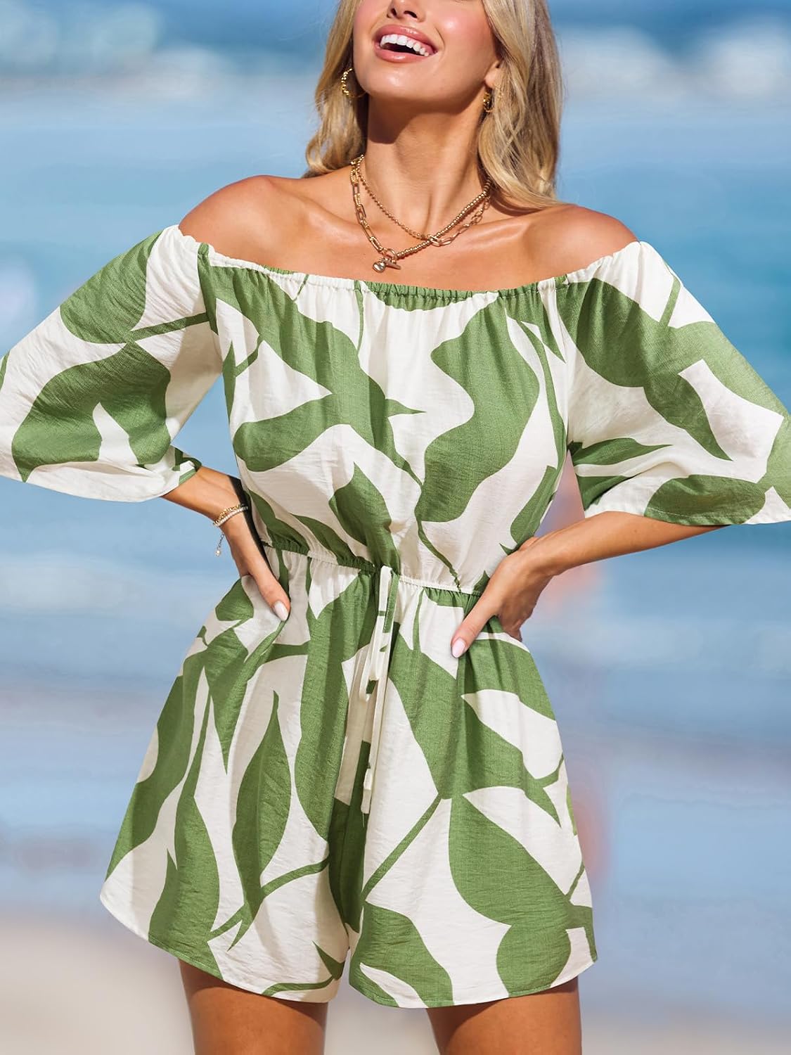 CUPSHE Women's Tropical Leaf Print Off Shoulder Romper 3/4 Sleeve Casual | Comfy Wide Leg Shorts, Side Pockets, Adjustable Drawstring Tie, Boho Beach Vacation Outfit, Poolside Party Wear