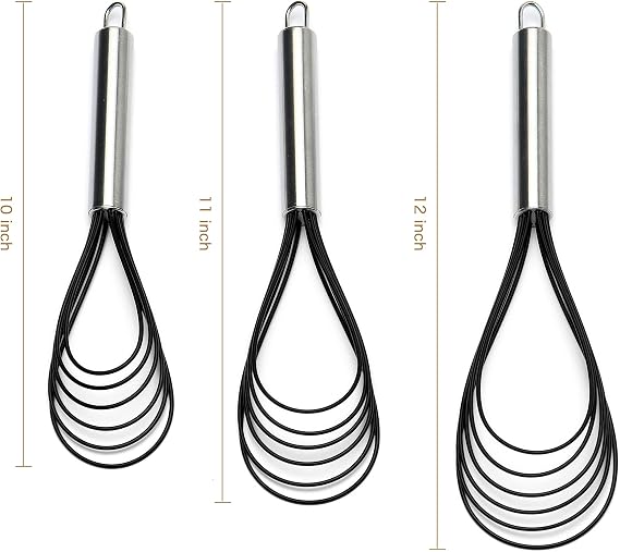 Flat Whisk Set,Stainless Steel 3 Pack 10''+11''+12'' Premium Sturdy-6 Silicone Heads Non Stick Wires Whisk for Blending Beating Stirring Kitchen Cooking by Jell-Cell (Black)