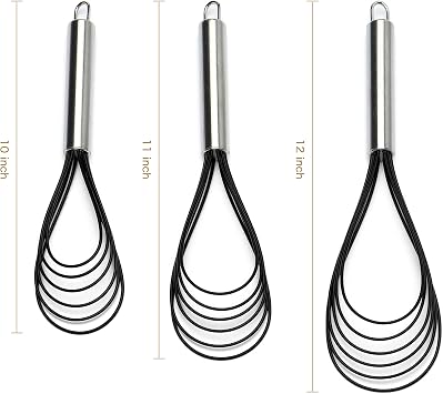 Flat Whisk Set,Stainless Steel 3 Pack 10''+11''+12'' Premium Sturdy-6 Silicone Heads Non Stick Wires Whisk for Blending Beating Stirring Kitchen Cooking by Jell-Cell (Black)