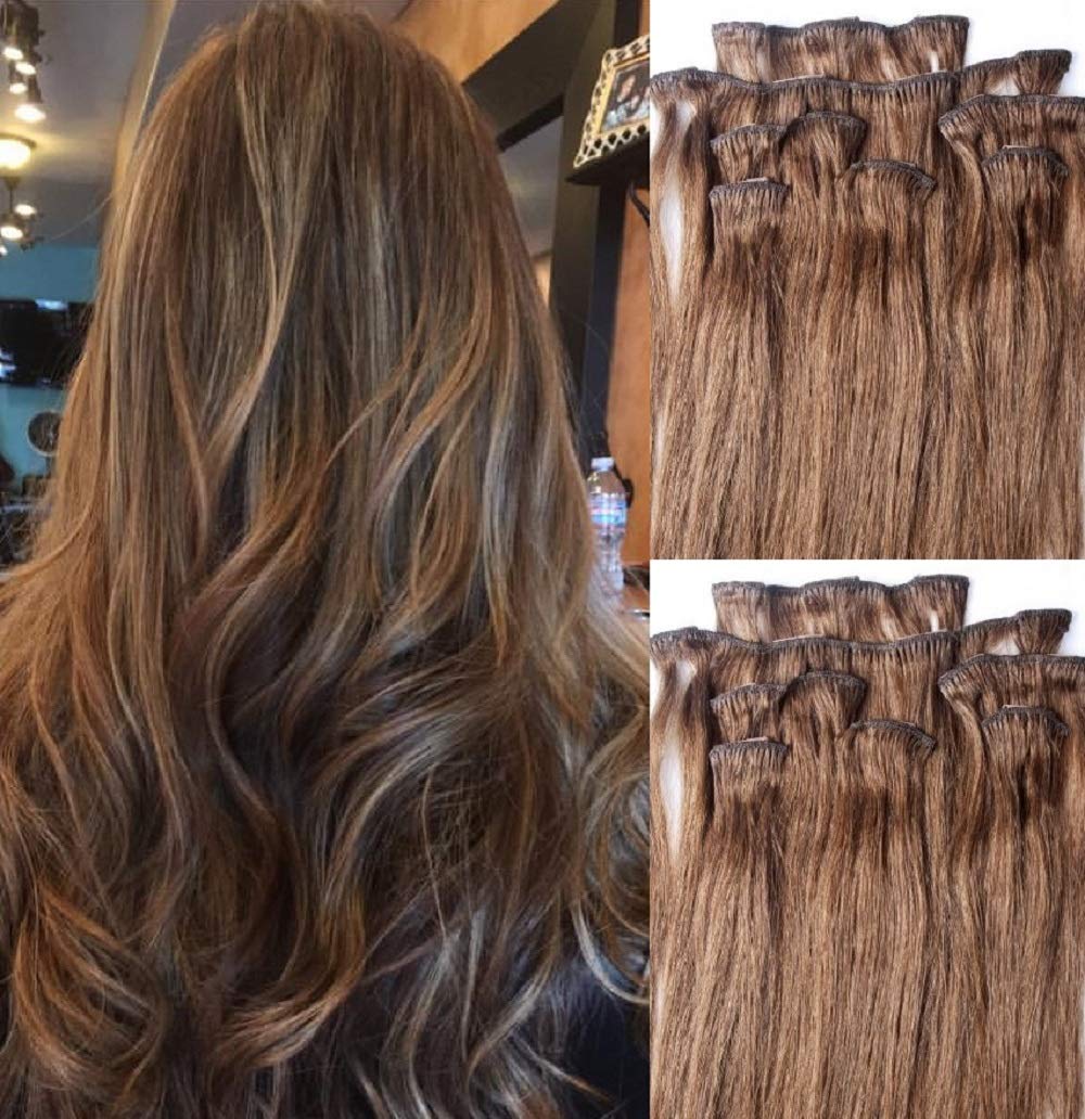 Hair Faux You 18" Clip in Hair Extensions Real Human Hair 80g Clip on for Full Head 7 pieces, 14 clips, Silky Straight Weft Remy Hair Color # 6 Chestnut Brown