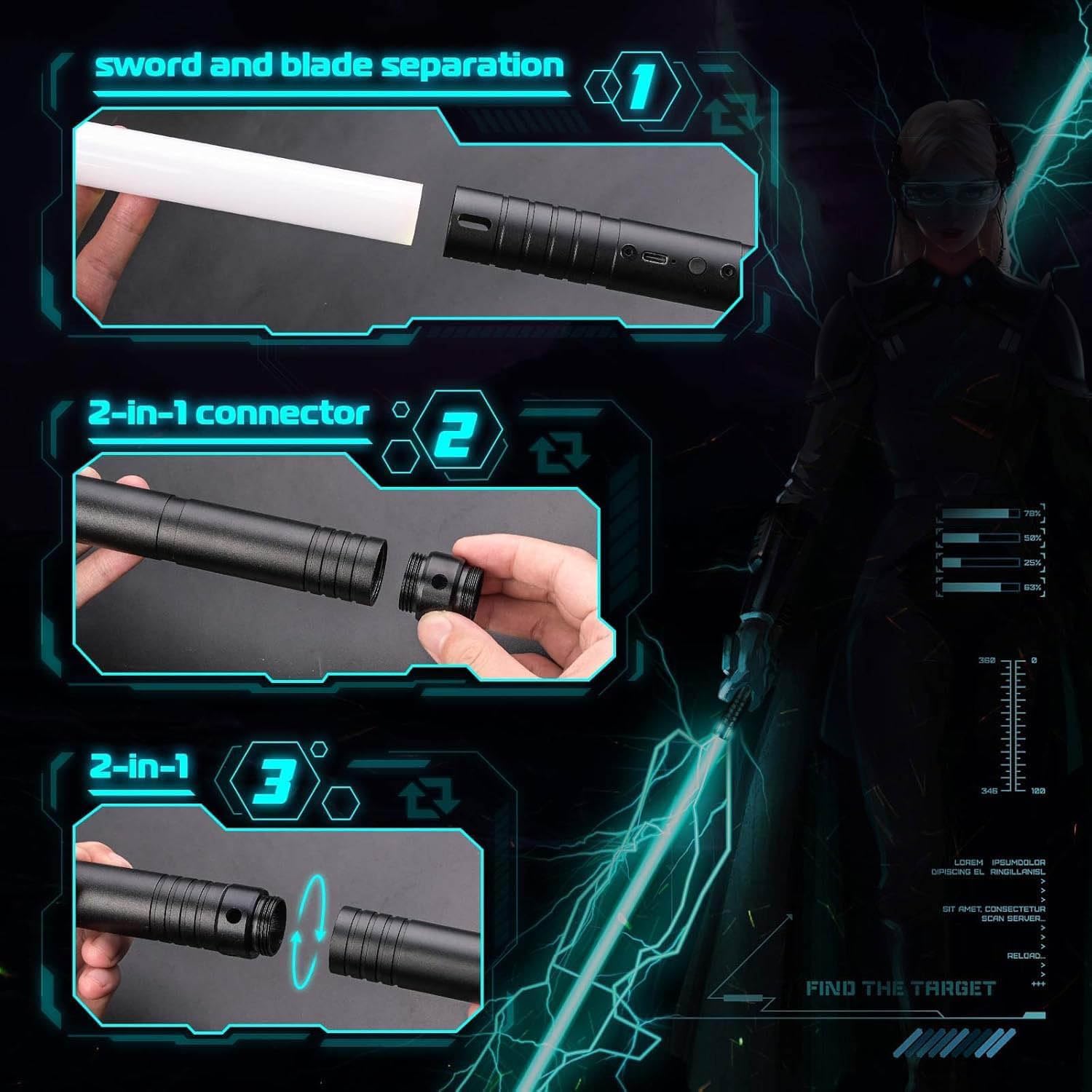 Laserschwert Kinder, USB-C Lade Lichtschwert Kinder, RGB 15 Farben 2 in 1 Lichtschwert, Duell Lightsaber mit 4 Modi, Metallgriff Lichtschwerter, Laser Schwert Kinder und Erwachsene 60cm x 2pc Schwarz