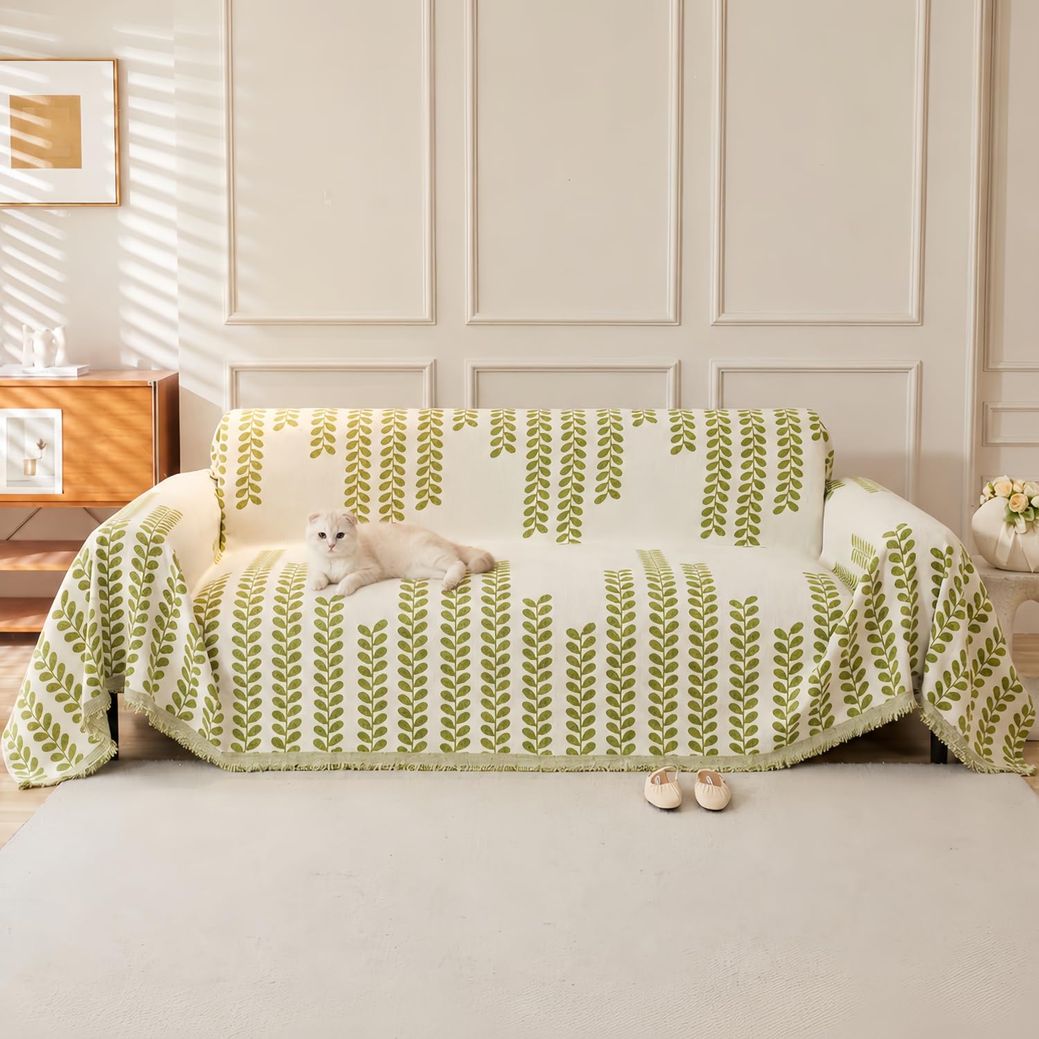 VIWATIN Boho Striped Chenille Sofa Throw Willow Green 3-4 Seater, 180x380cm