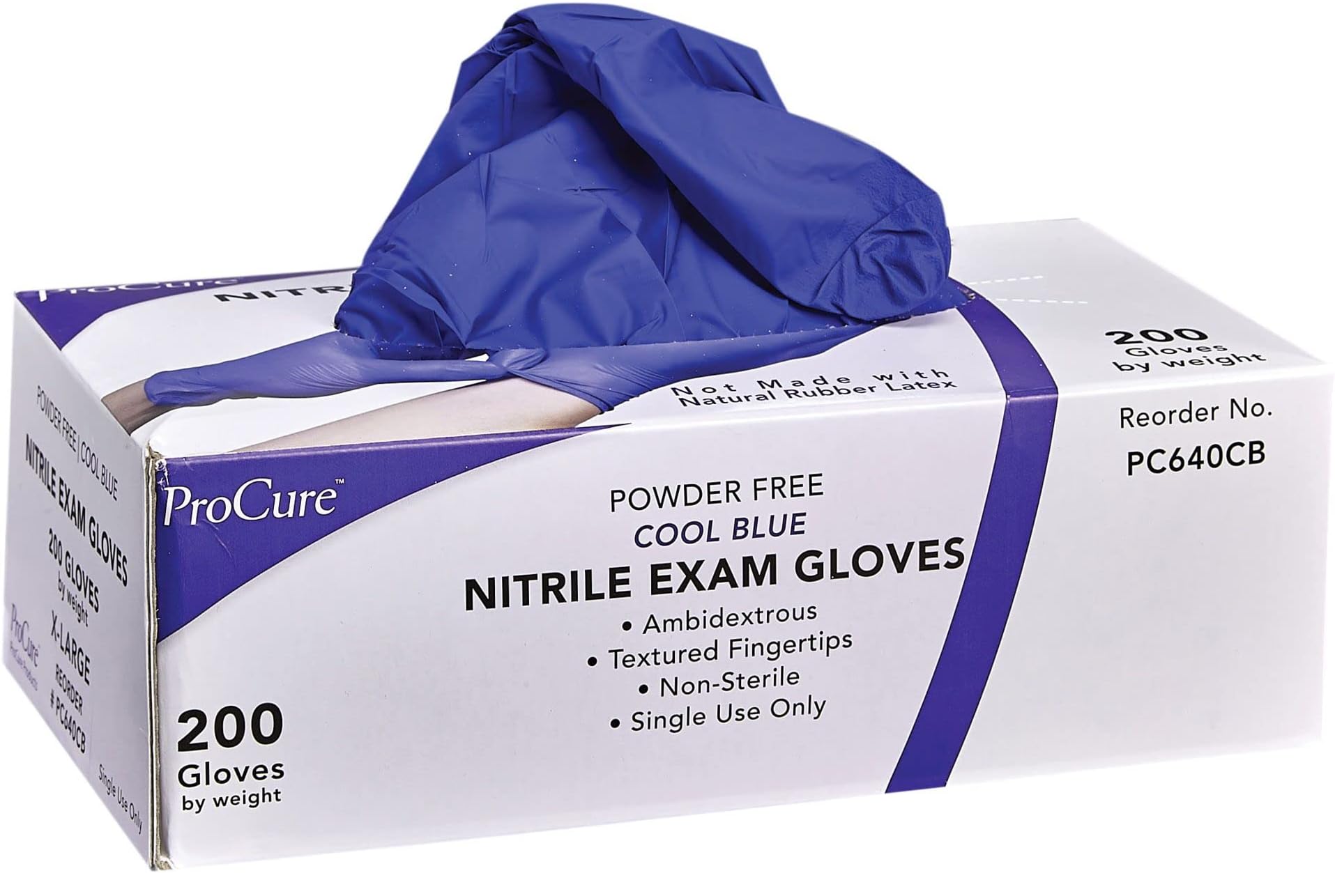 ProCureDisposable Nitrile Gloves - Powder Free, Rubber Latex Free, Medical Exam Grade, Non Sterile, Ambidextrous - Soft with Textured Tips - Cool Blue (Large, 1 Pack, 200 Count)