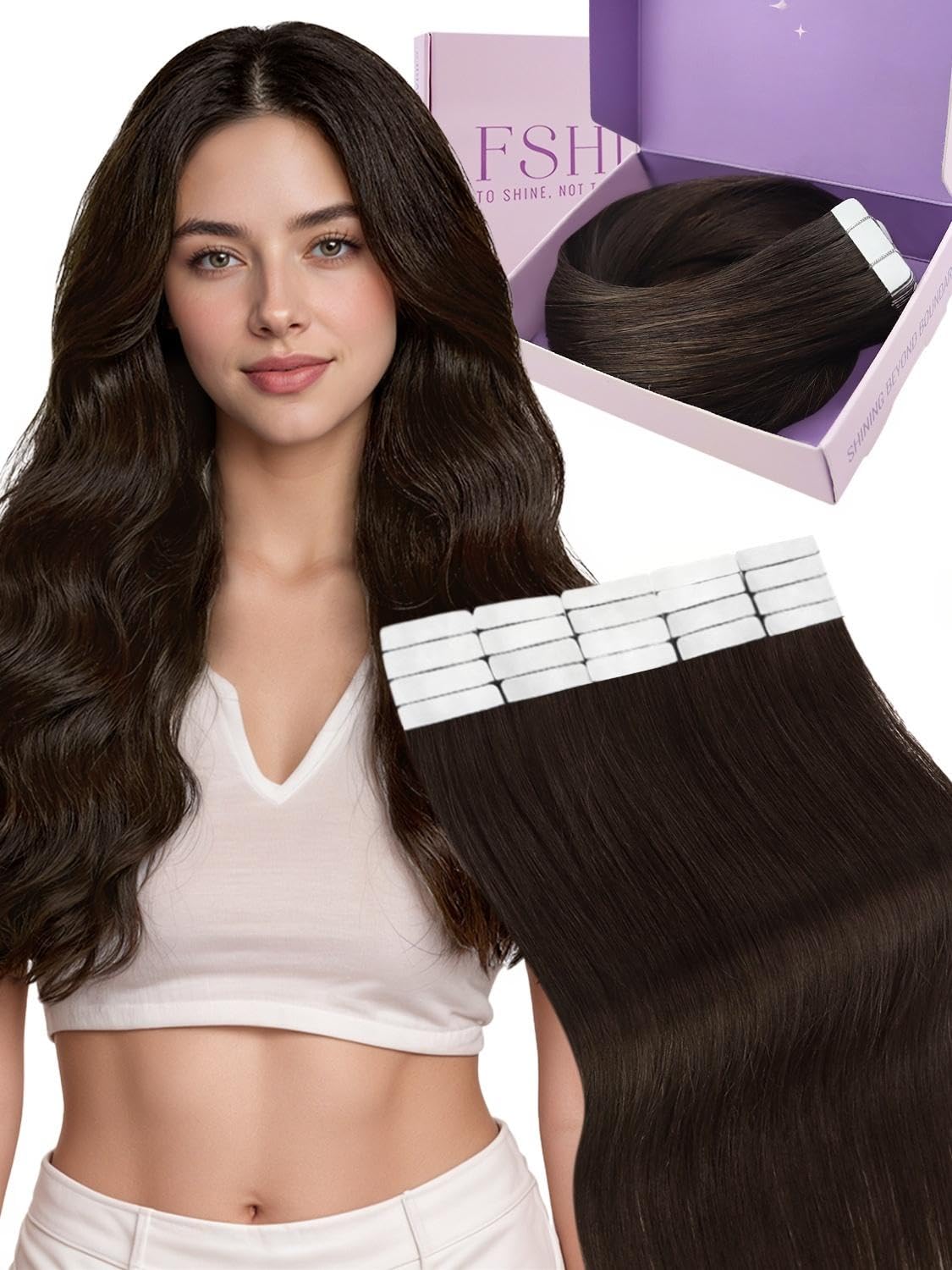 Fshine Tape in Extensions Echthaar Braun 30 cm 30 g 20 Stücke Echthaar Extensions Tape Dunkelbraun Unsichtbar Klebe Haarverlängerung für Models Farbe 2
