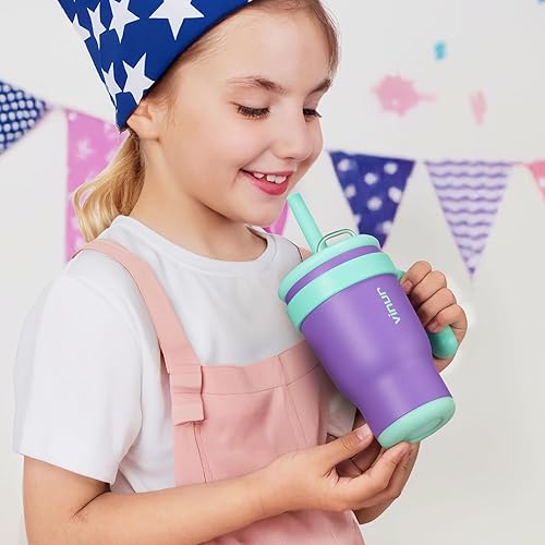 Miniatura 2 de VINUR Vaso térmico para niños con asa y tapa con pajita  A prueba de derrames  Resistente a fugas  Vaso térmico de viaje de acero inoxidable de