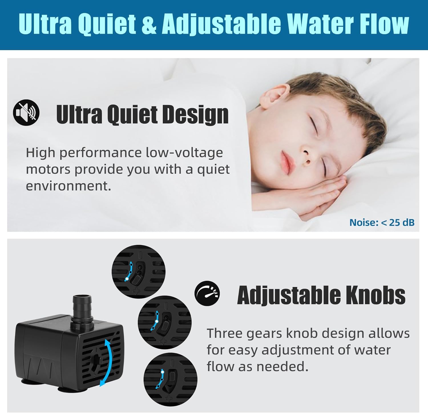 A close-up view of the DaToo USB Water Pump, showing its compact size and USB power cable.