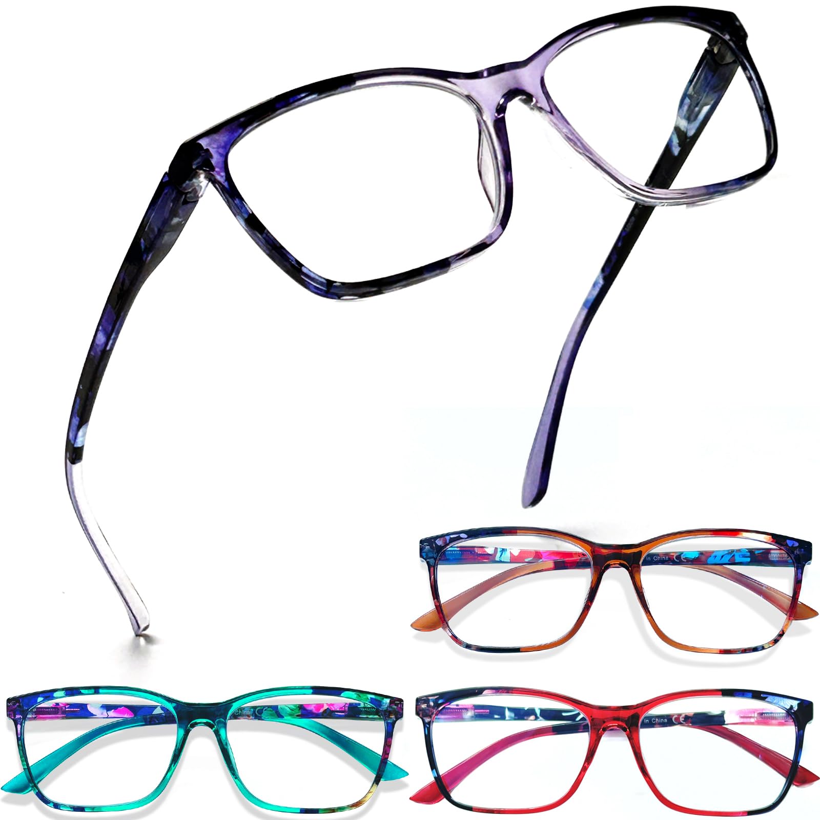 Henotin 4 Pack Ladies Reading Glasses Blue Light Blocking Spring Hinge Readers Anti Eyestrain Computer Eyeglasses (Multicolor-6, 1.0)