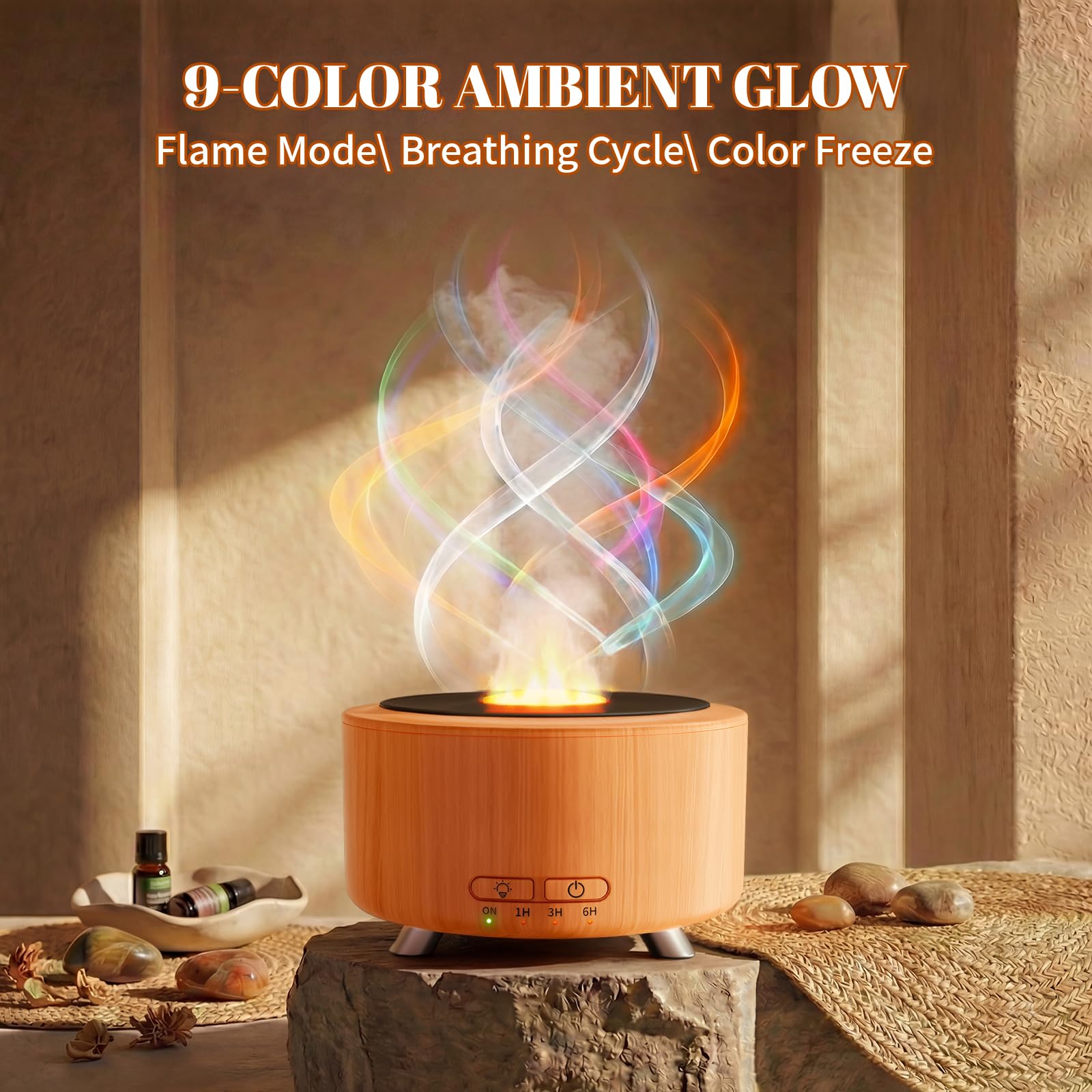 Diffusers for Essential Oils, 500ML Essential Oil Diffusers for Office Room Yoga, Diffuseur d'Huile Essentiel with Auto-Off Function, 9 Colors LED Night Light, Light Wood - 3