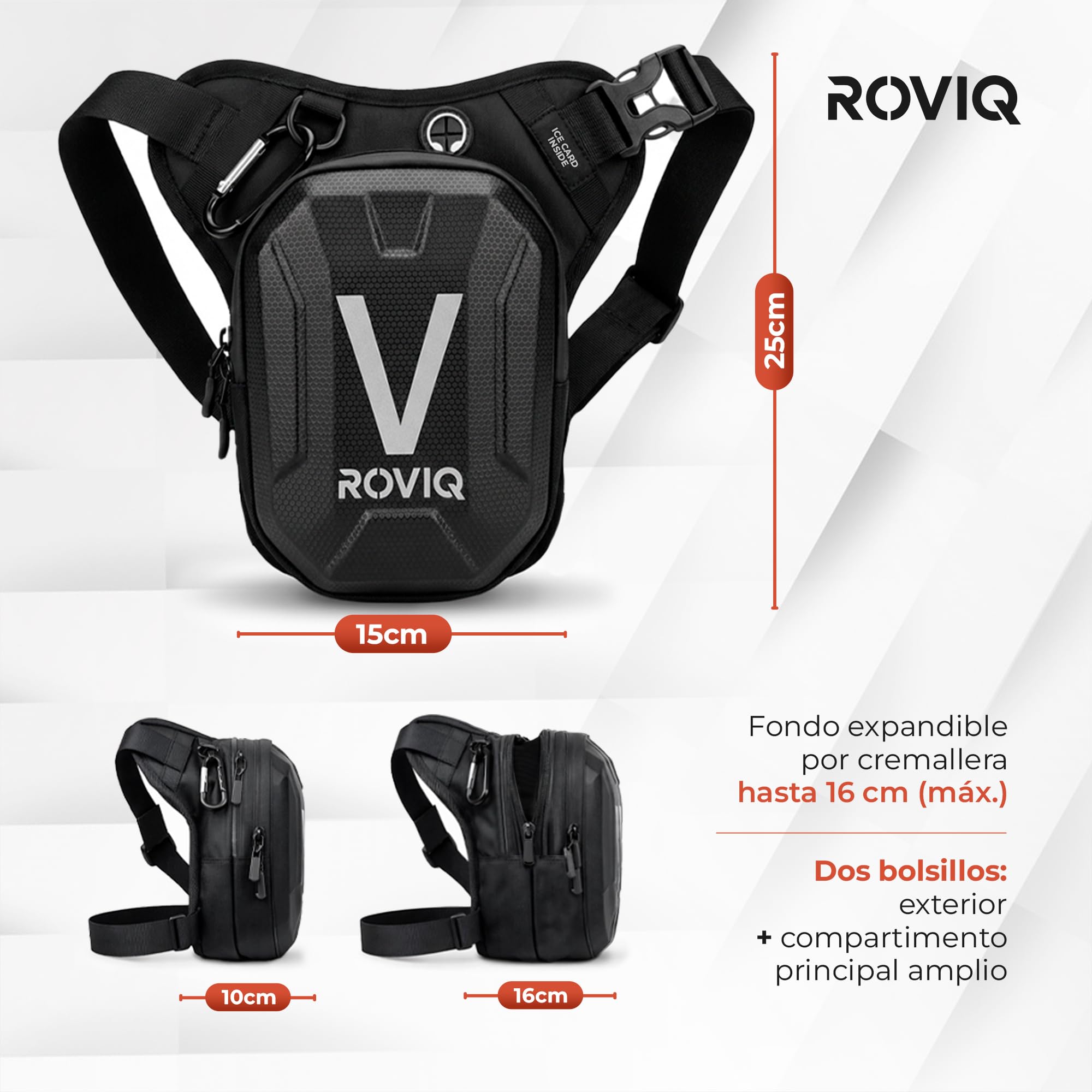 ROVIQ Pernera Moto Unisex, Bolsa Pierna Moto expandible 10-16 cm con 2 Compartimentos, Frontal EVA/PU semirrígido, Bolsillo Ice Card, 2 Ice Cards y mosquetón - Accesorios Moto — view 6