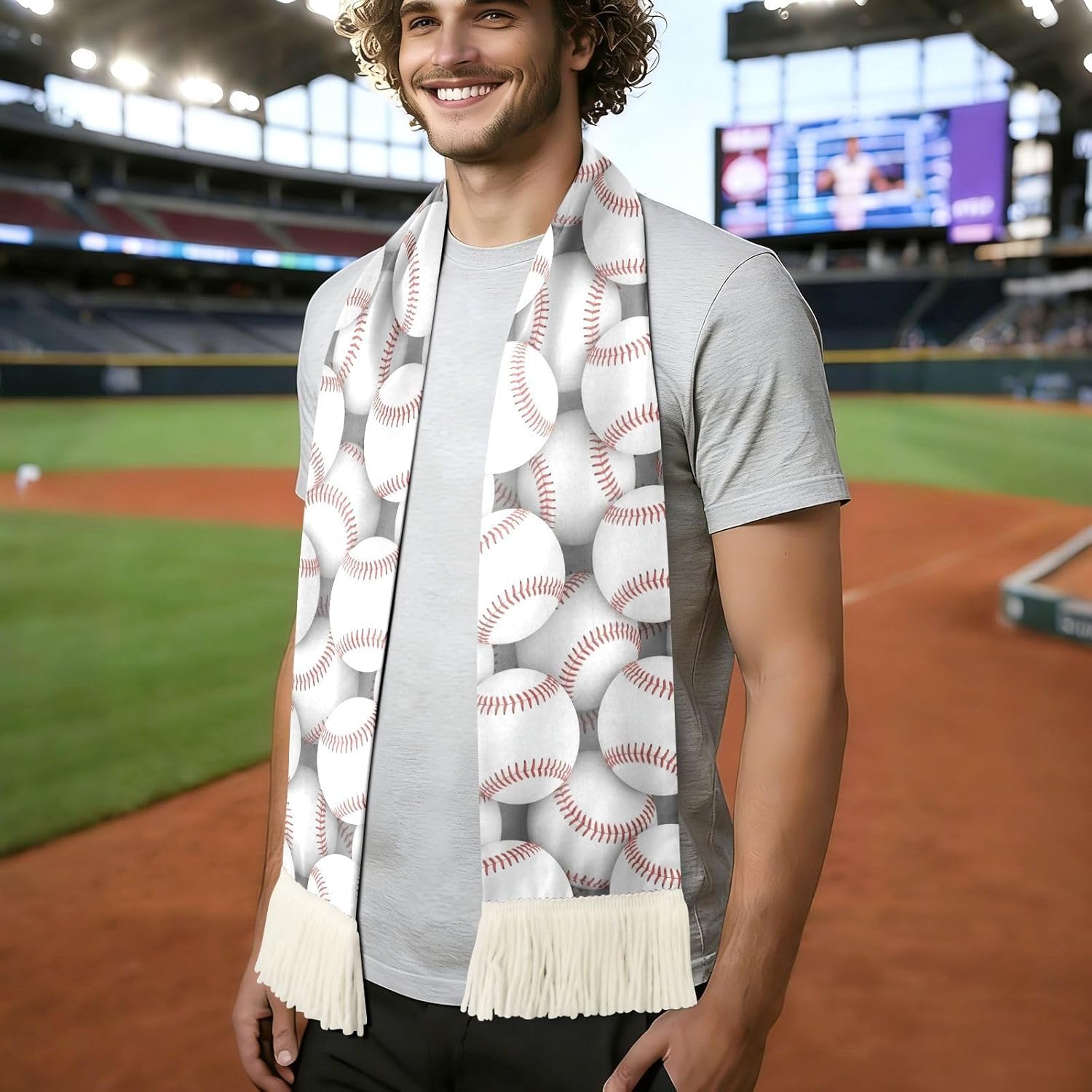 CHIFIGNO Baseball Balls Sports Fan Scarf Towel, Soft Absorbent Polyester Cheering Wrap for Soccer Games, Quick Dry with Fringe Ends