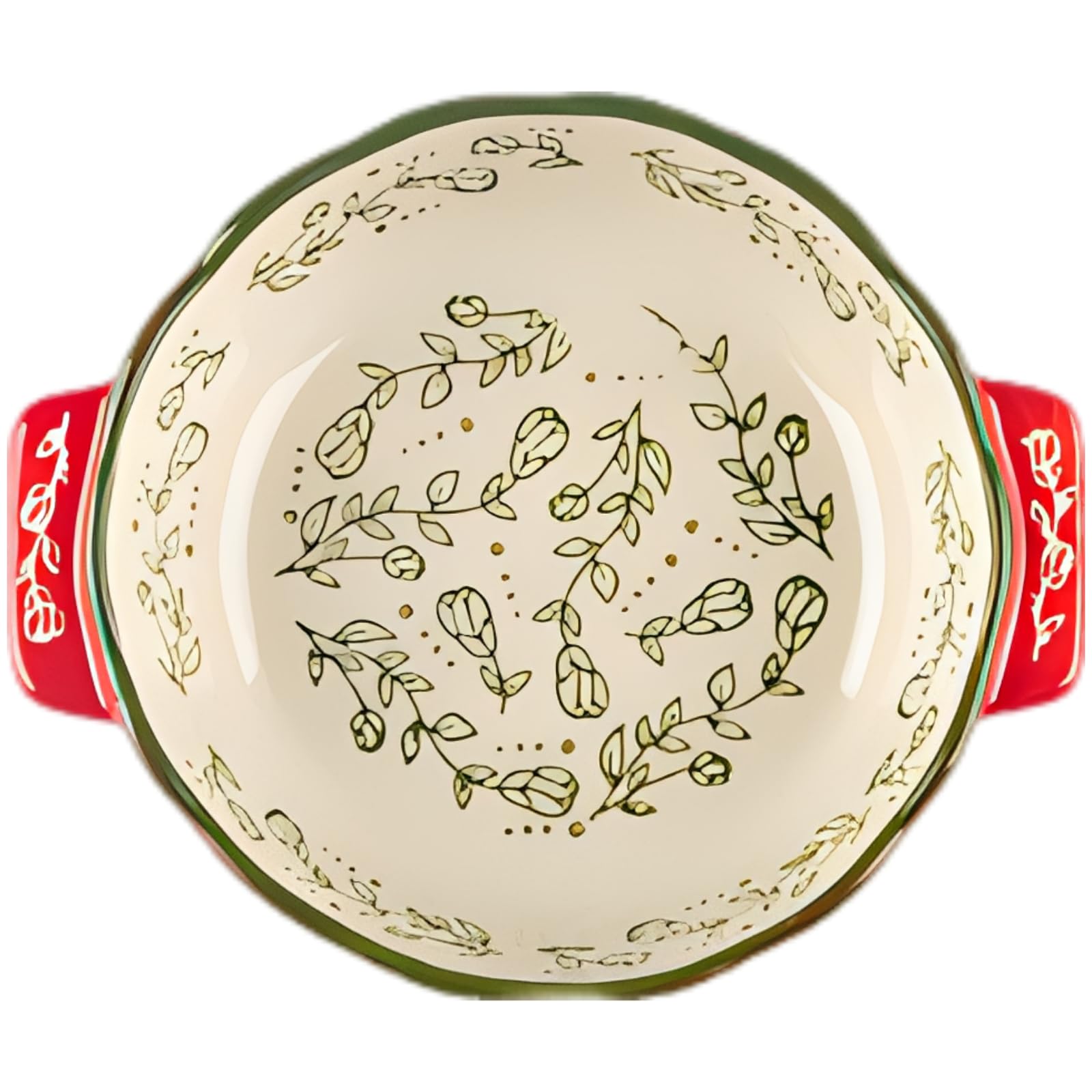 Keramik Backform mit gewelltem Rand und doppeltem Griff, ofengeeignetes Kochgeschirr mit handbemalter Glasur, 20,2 x 17,1 x 5 cm, 650 ml, für Lasagne, Gratin, Pizza, Rot, Creme, Grün