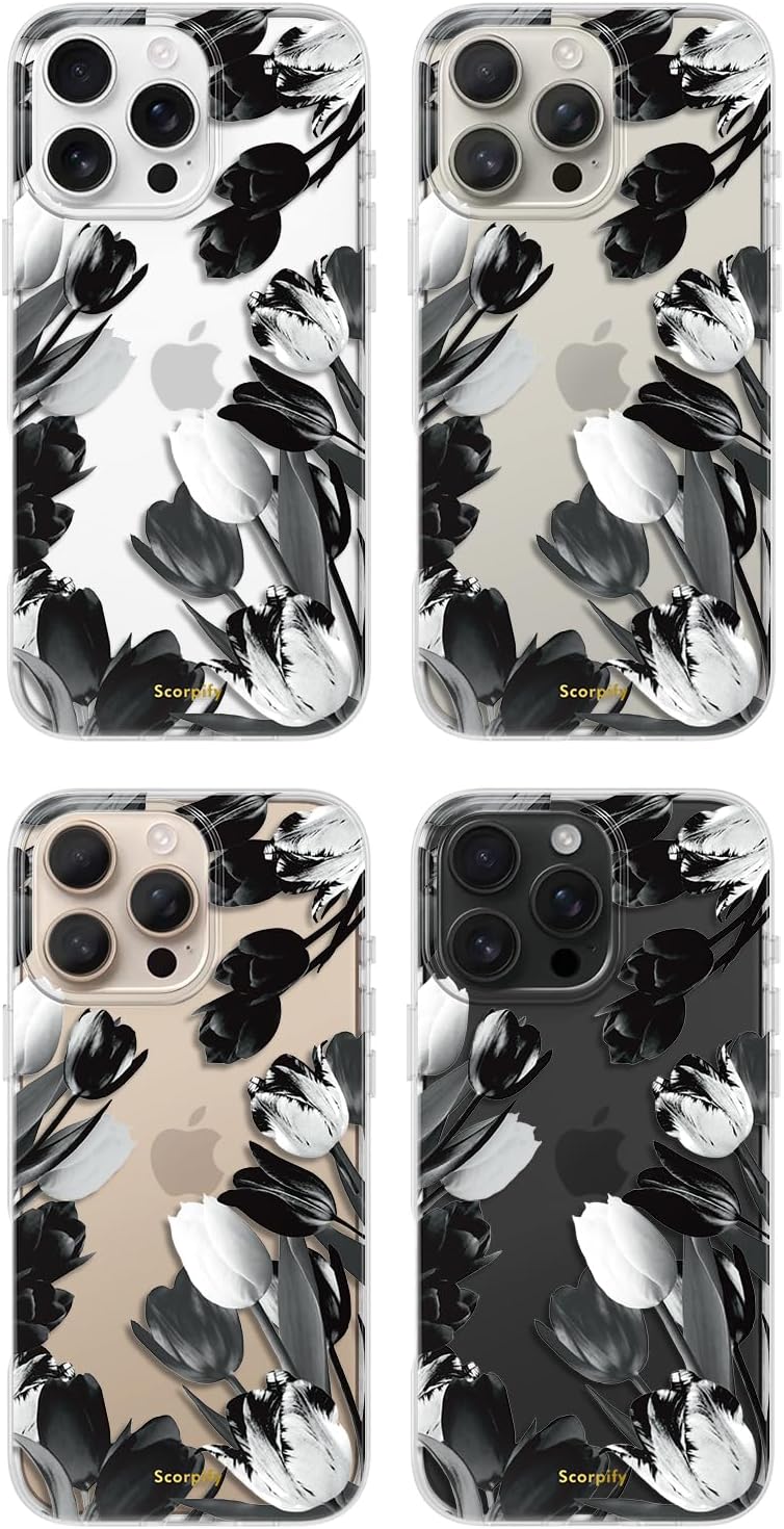 SCORPIFY for iPhone 16 Pro Case with Black Tulip Floral Design, Cute Clear Flower Phone Cover for Women Girls, [10FT MIL-Grade Drop Protection] [Non Yellowing] Slim Shockproof Bumper