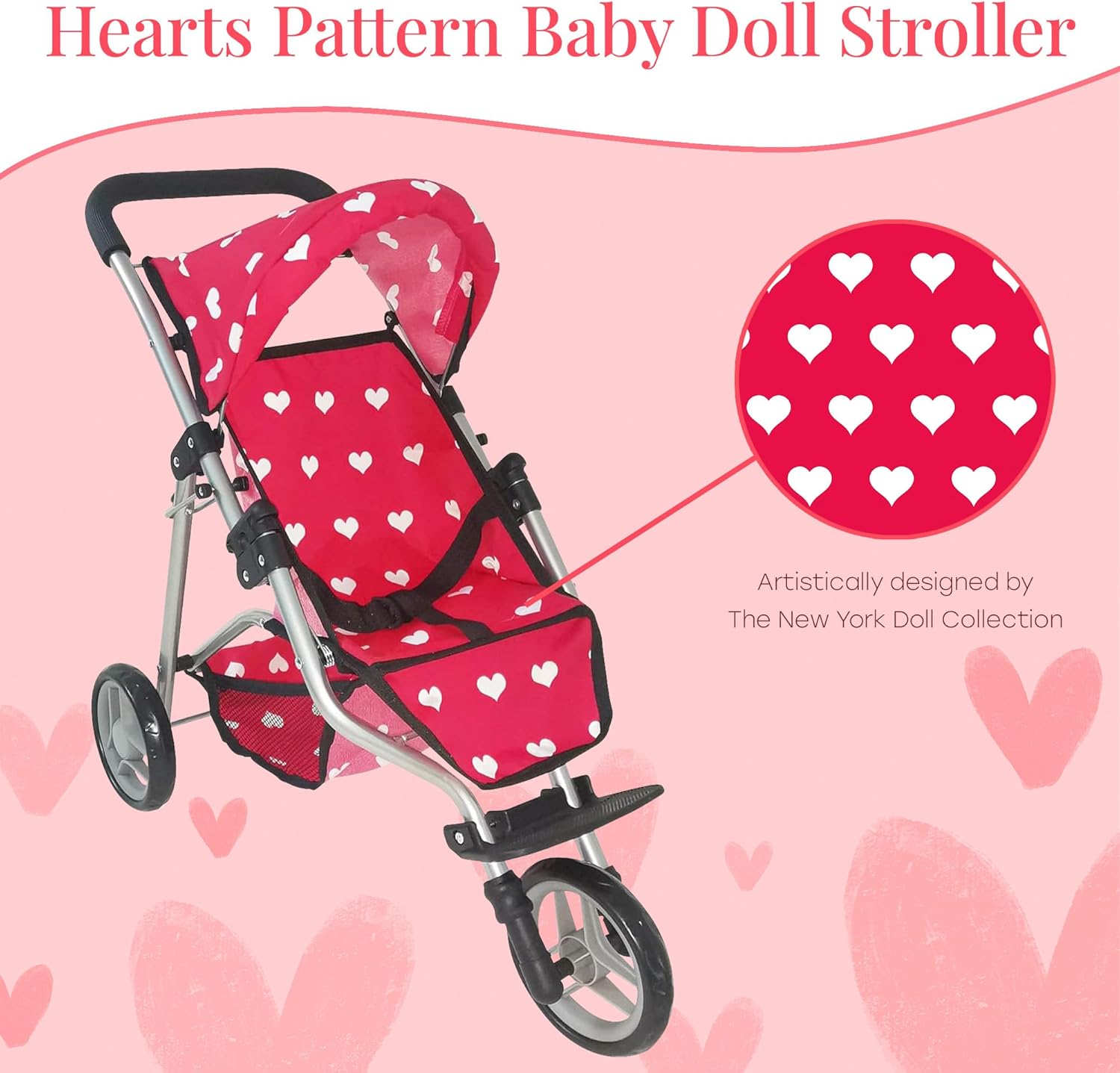 The New York Doll Collection Baby Doll Stroller | Pink Hearts Pattern | Doll Strollers | 3+ to 6 Years | A239