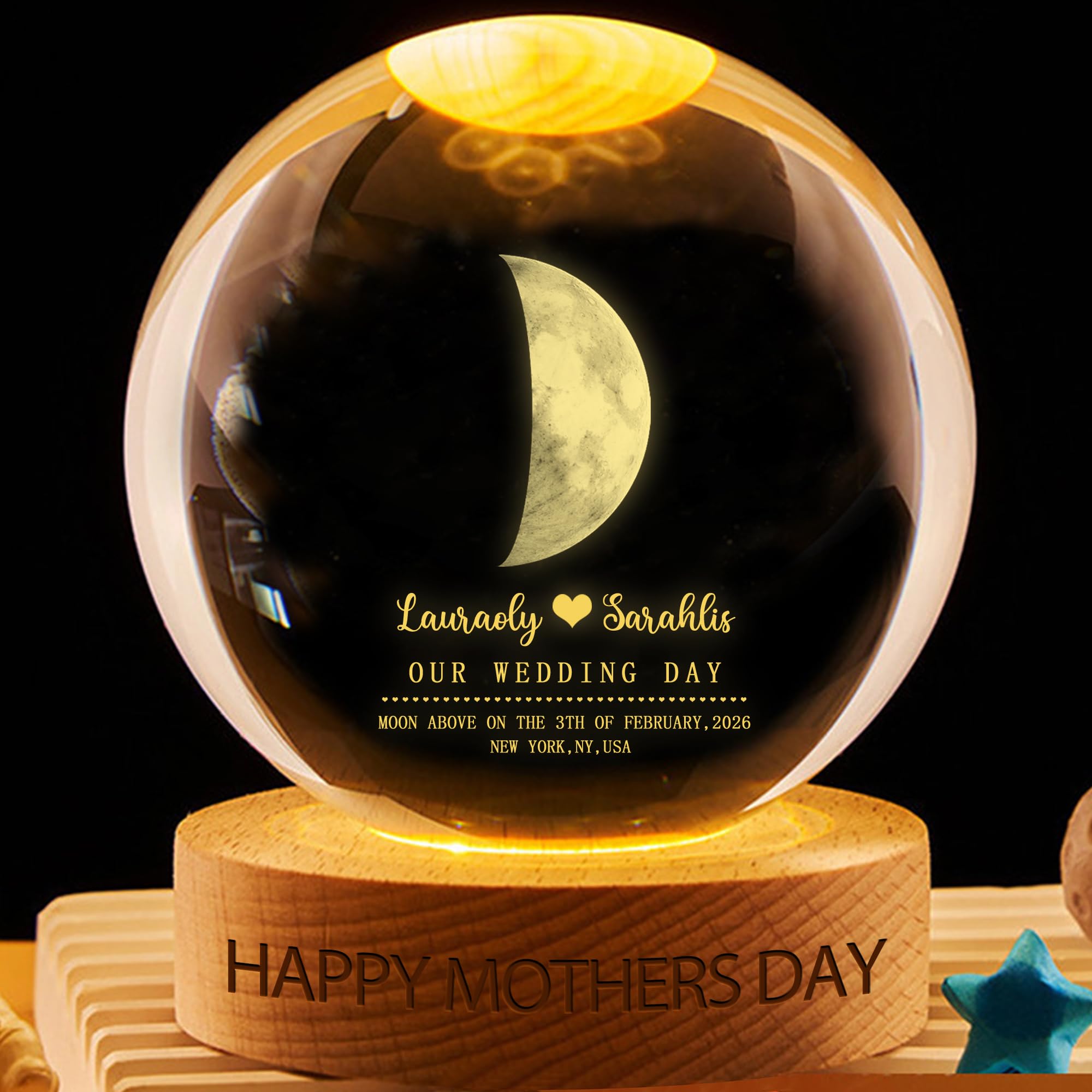 VWCSDSCS Personalized Moon Phase Crystal Ball Night Light – Custom Names & The Day We Met Date, Moon Above on Special Occasion with Wood Base, Romantic Gift for Couples Anniversary Wedding
