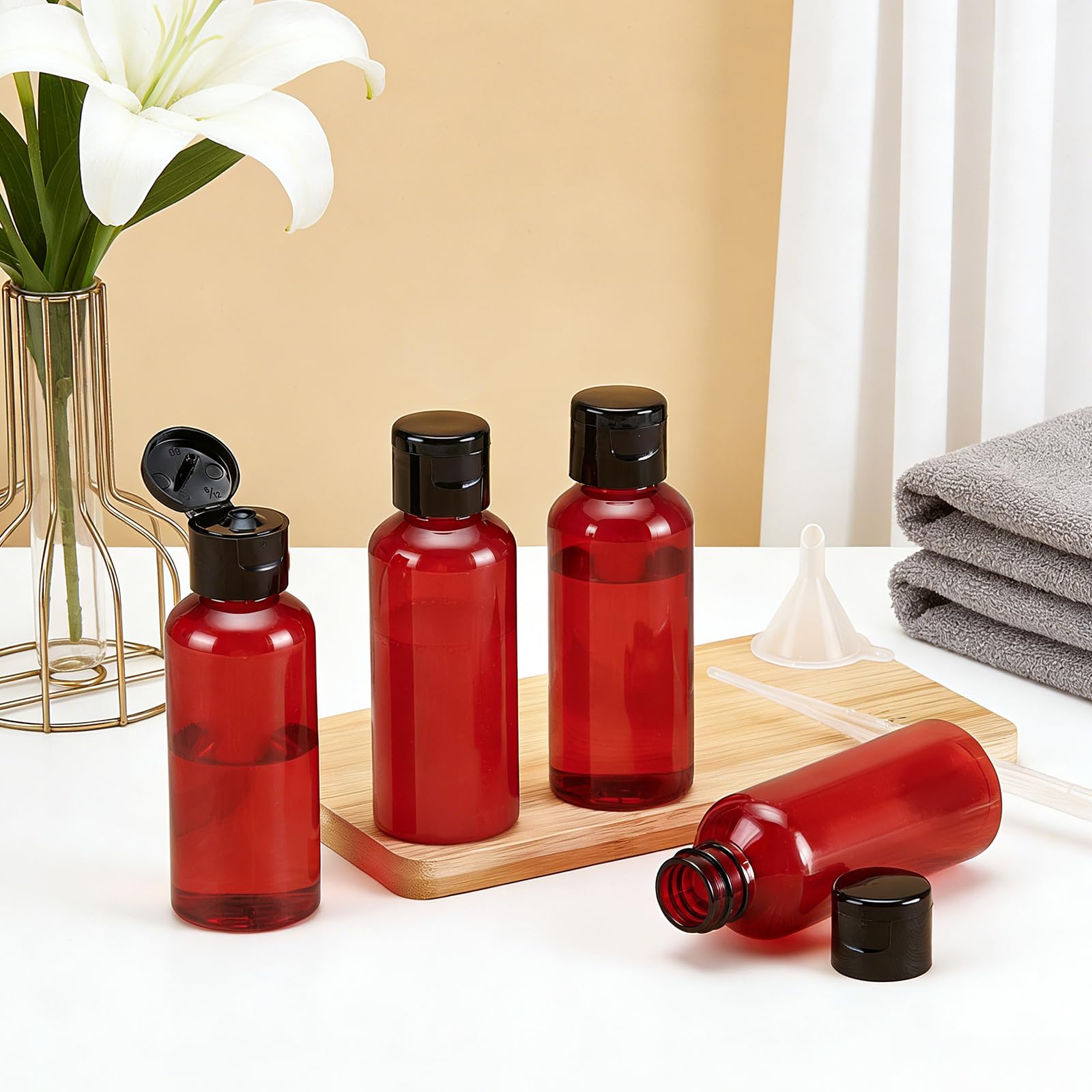 150 bottiglie di plastica vuote trasparenti da 60 ml, con chiusura a cerniera, in plastica, con coperchio, per shampoo e creme, con 20 imbuti e 20 pipette (rosso)