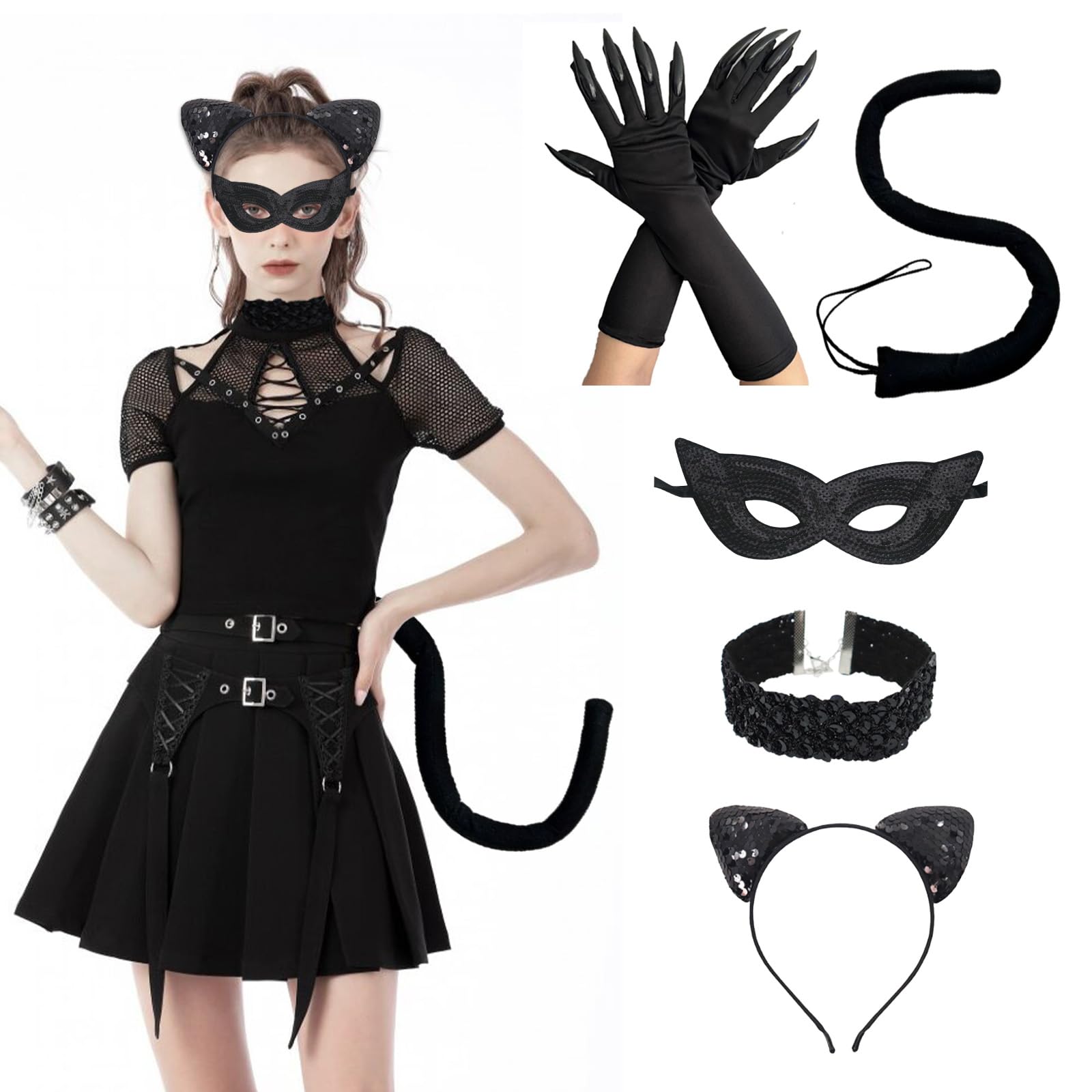 Celebration Directre Black Cat Costume for Women Sequins Black Cat Ears Masquerade Mask Choker Necklace Claw Gloves Cats Tail Catwoman Costume Accessories for Women Girl Halloween Theme Party