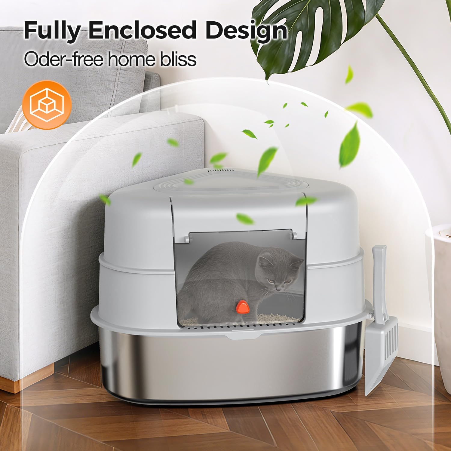 XXL Stainless Steel Corner Cat Litter Box with Lid - Sturdy, No Odor & Space-Saving Hidden Design for Large Cats, Grey