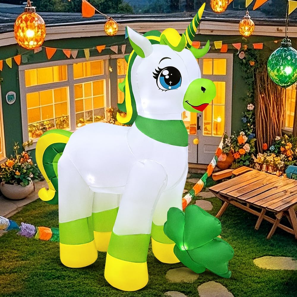 KOOY 5 FT St Patricks Inflatables Unicorn with Shamrock Outdoor Decor, Lucky Clover St Patricks Blow Up Yard Decorations, St Patrick Decorations for Yard Holiday Party Garden Lawn Décor - Image 4
