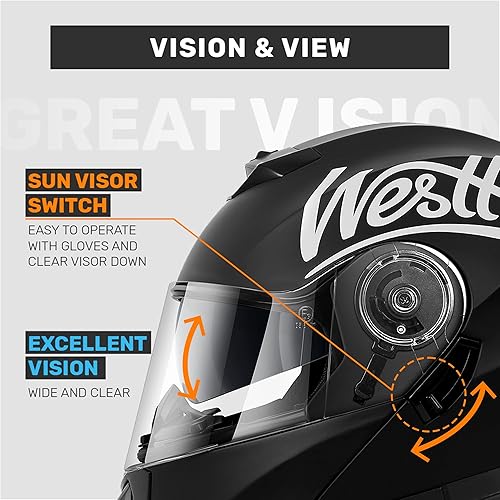 Miniatura 3 de Westt Casco de motocicleta de cara abierta  Casco de motocross elevable con barbilla y doble visera  Casco ATV para adultos, motocicleta aprobado